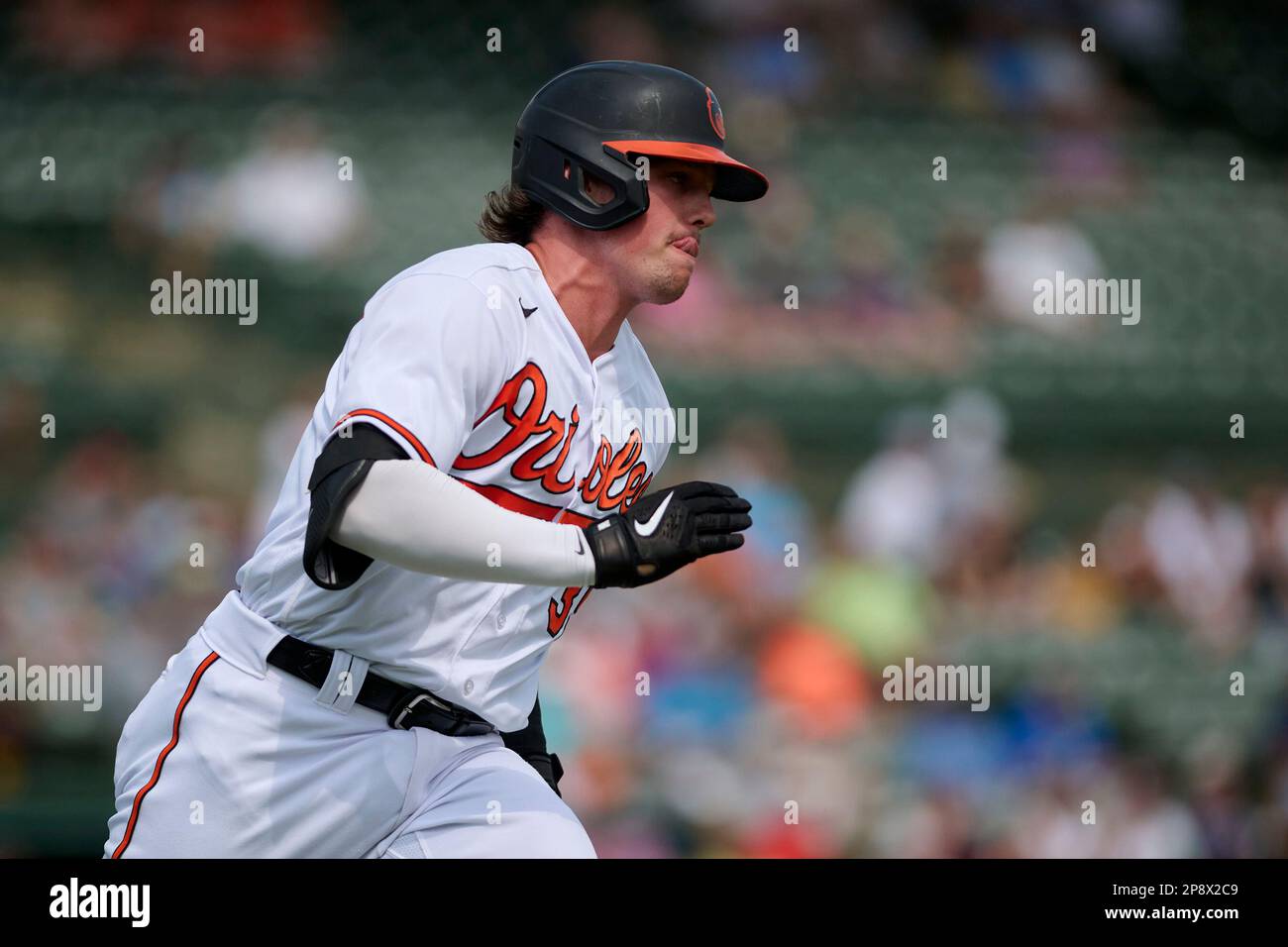 Baltimore Orioles Adley Rutschman (35) runs to first base during a