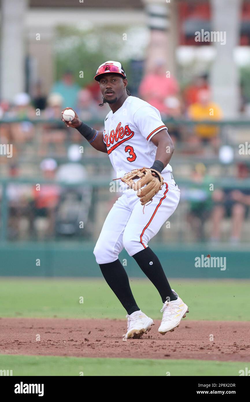 Baltimore Orioles Jorge Mateo (3) throws to first base during a spring  training baseball game against the Pittsburgh Pirates on March 8, 2023 at  Ed Smith Stadium in Sarasota, Florida. (Mike Janes/Four