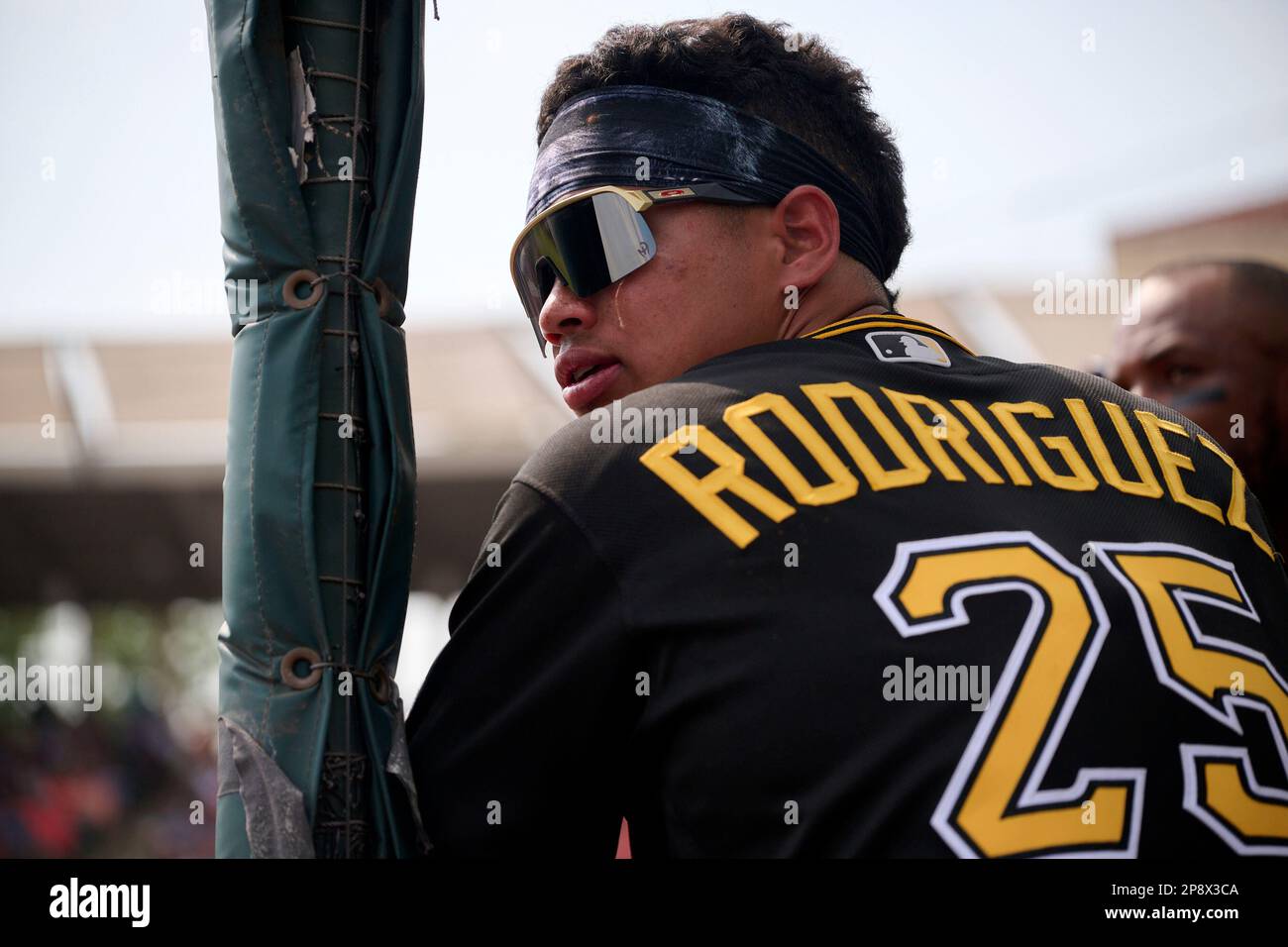 Pittsburgh Pirates Endy Rodriguez (25) bats during a spring training  baseball game against the Philadelphia Phillies on February 27, 2023 at  LECOM Park in Bradenton, Florida. (Mike Janes/Four Seam Images via AP