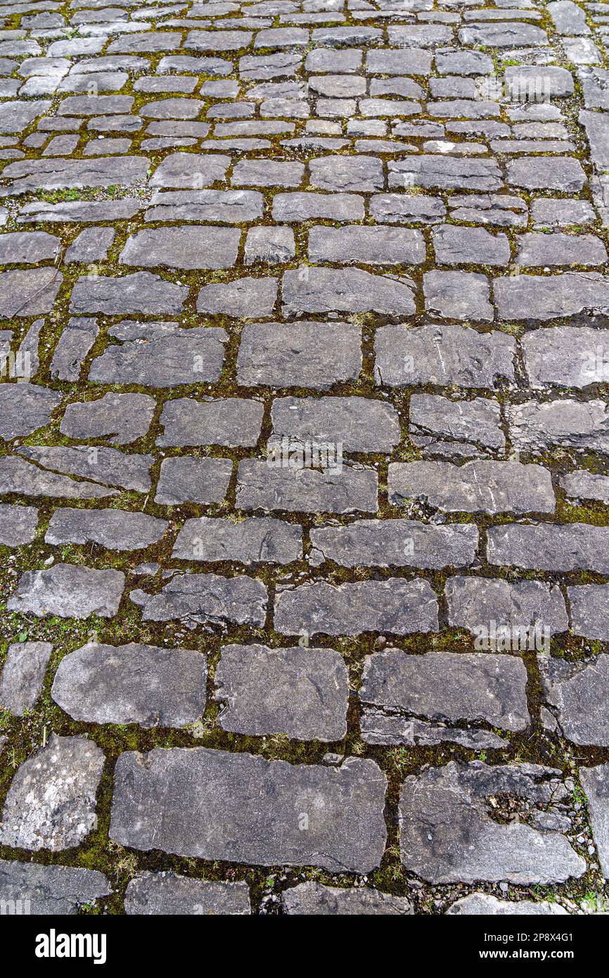Street with gray paving stone through the historical town Stock Photo
