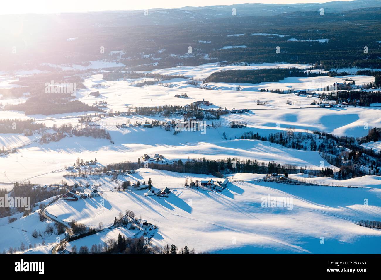 The approach to Oslo from above, rural scenes and a smowy canvas Stock Photo