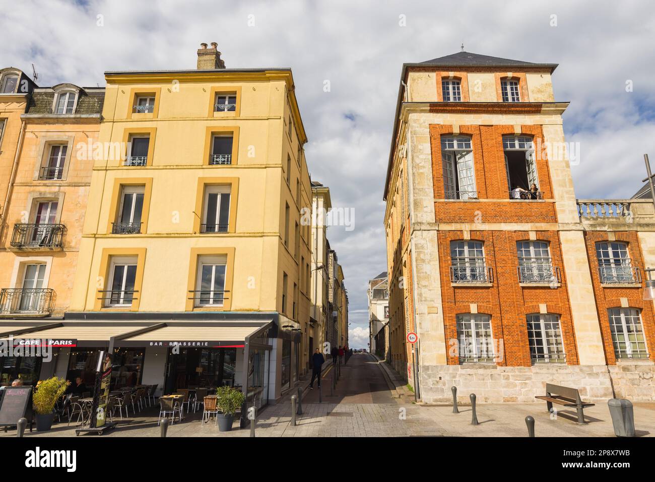 Dieppe, France - September 29, 2022: buildings in front of the harbor of Dieppe, with unidentified people. Dieppe is a seaport on the English Channel Stock Photo