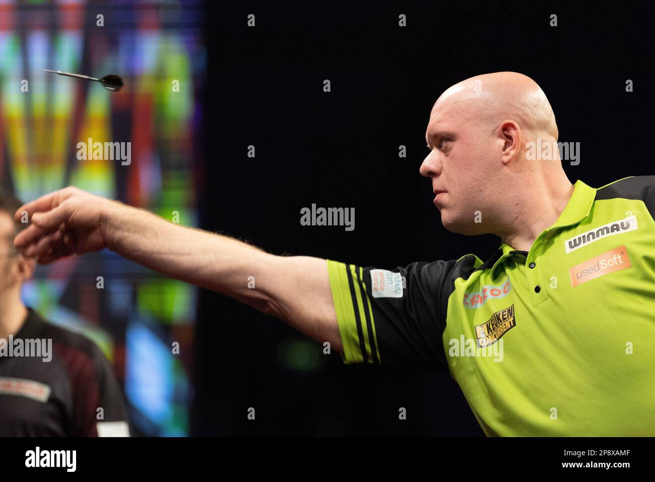 Michael van Gerwen throws a dart during the 2023 Cazoo PDC Premier League  Darts Night 6 at M&S Bank Arena, Liverpool, United Kingdom, 9th March 2023  (Photo by Phil Bryan/News Images Stock