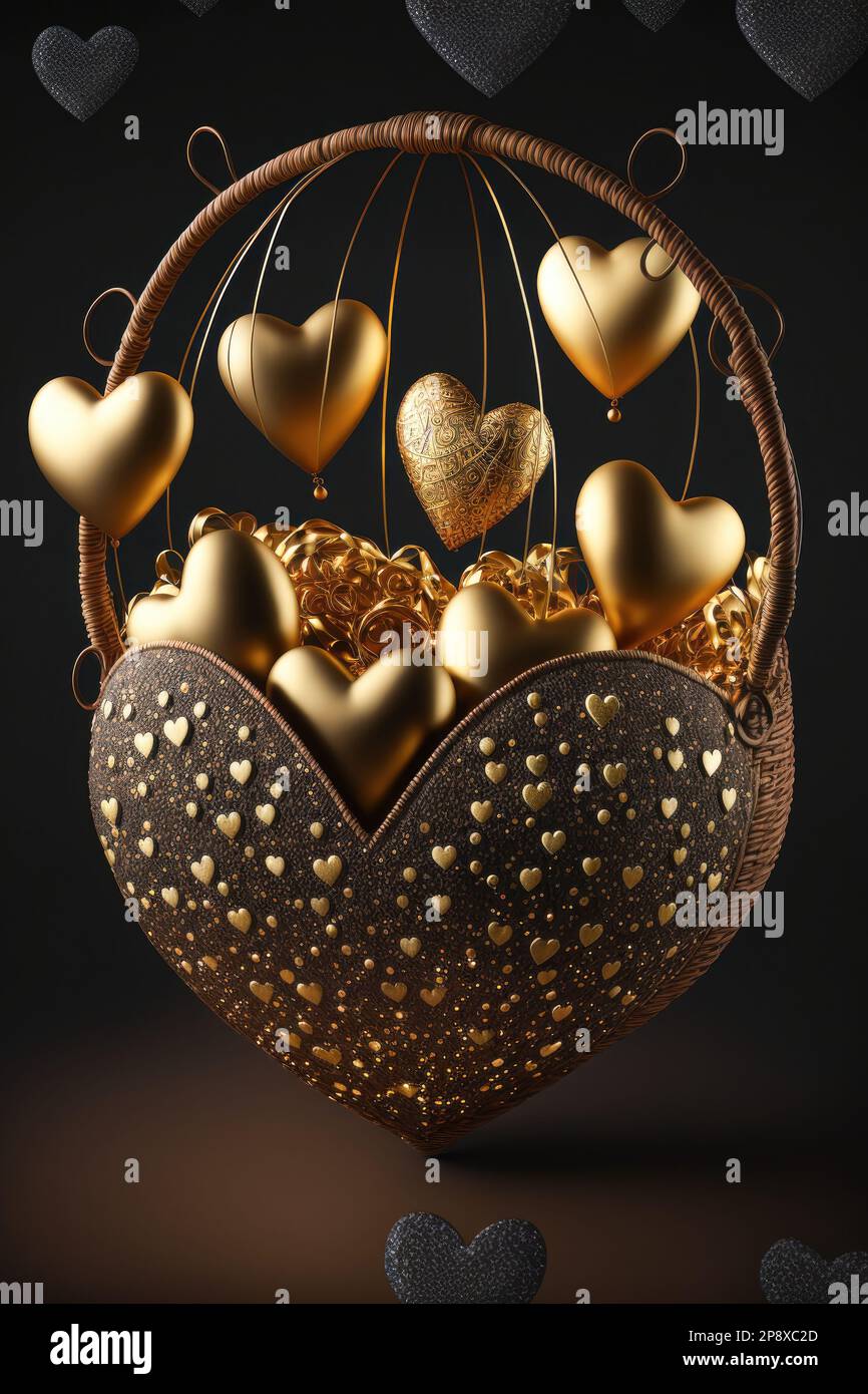 A Basket with Golden Hearts and Golden Effects Romantic and Luxury