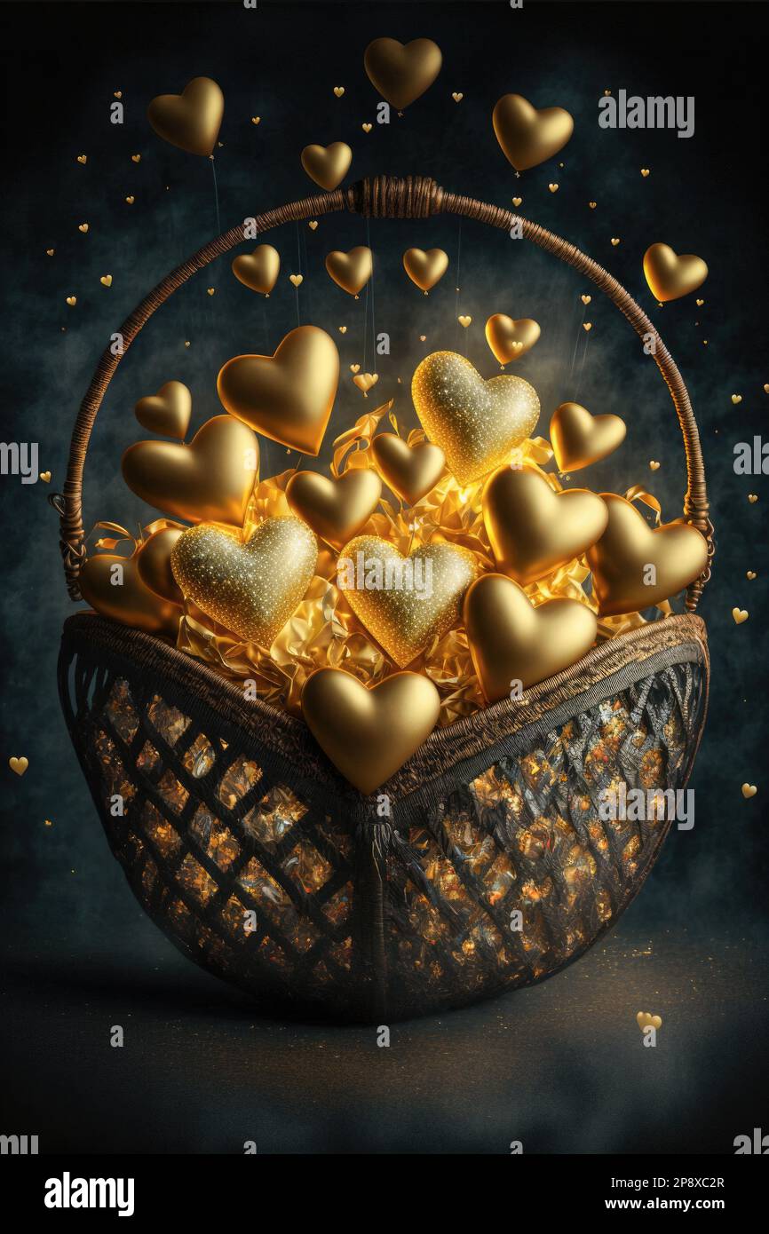 A Basket with Golden Hearts and Golden Effects Romantic and Luxury