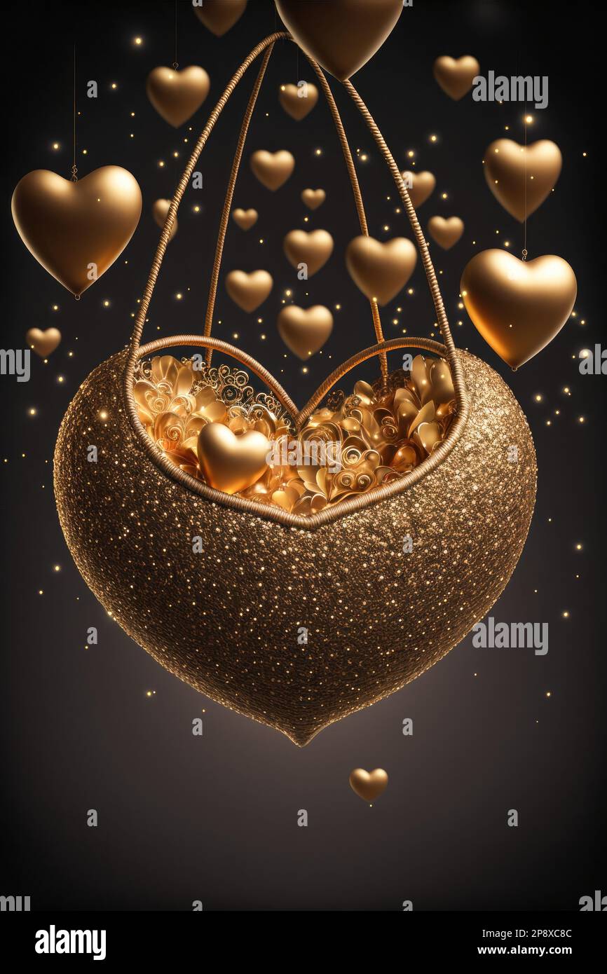 A Basket with Golden Hearts and Golden Effects Romantic and Luxury