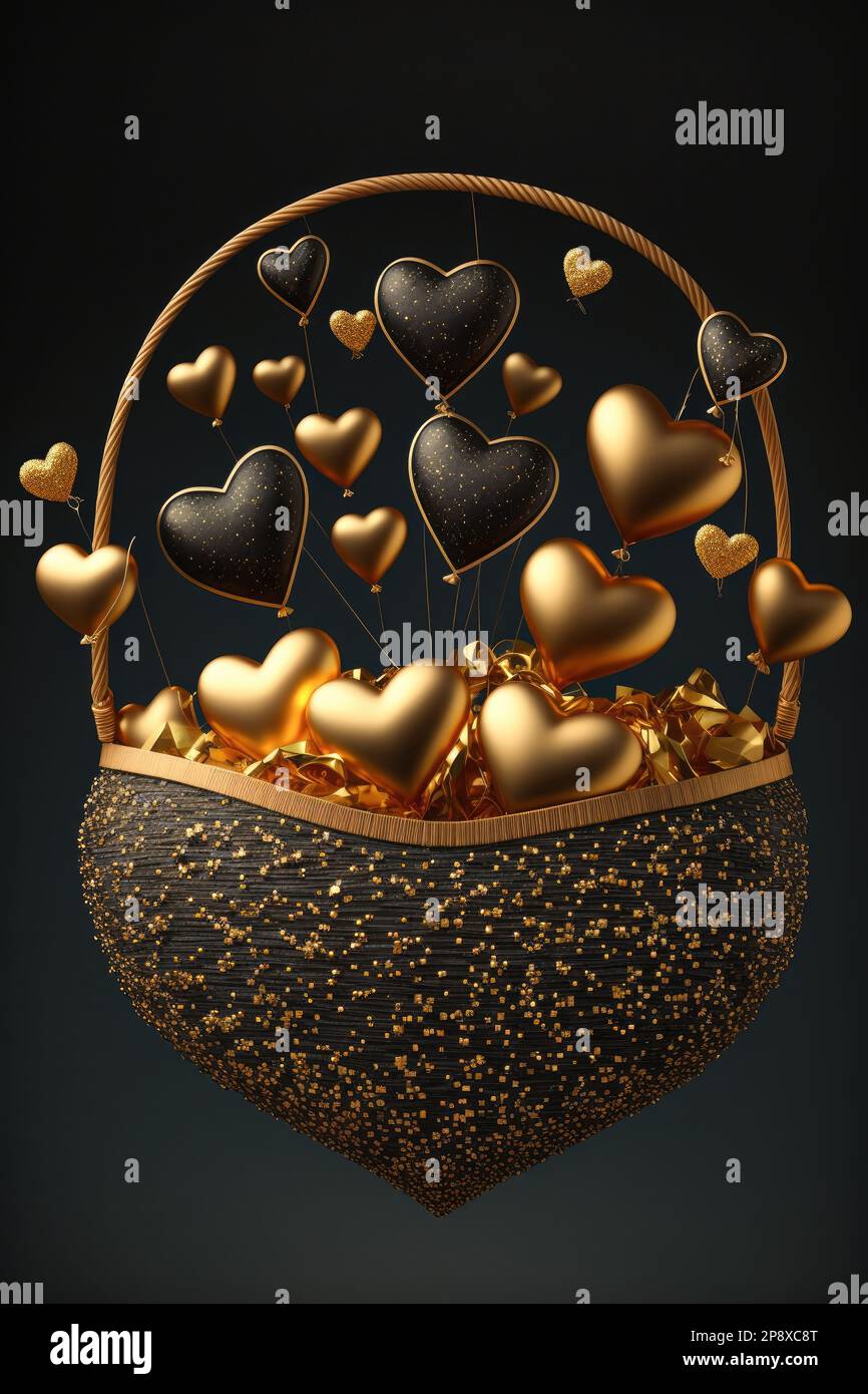 A Basket with Golden Hearts and Golden Effects Romantic and Luxury