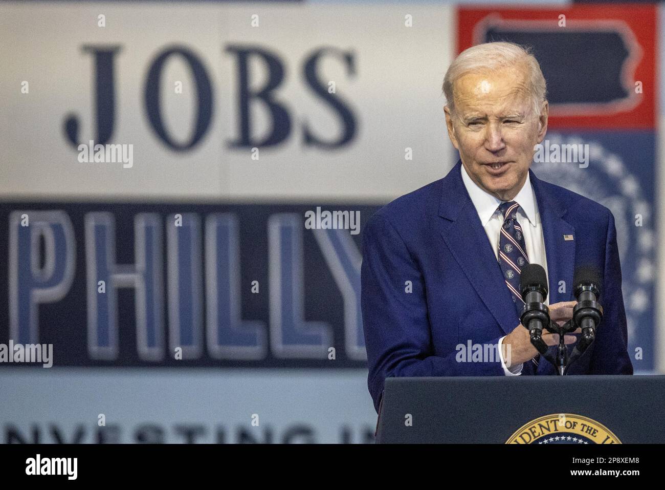 Philadelphia, United States. 09th Mar, 2023. President Joe Biden announces his budget proposal at the Finishing Trades Institute in Philadelphia, Pennsylvania on Thursday, March 9, 2023. Photo by Laurence Kesterson/UPI Credit: UPI/Alamy Live News Stock Photo