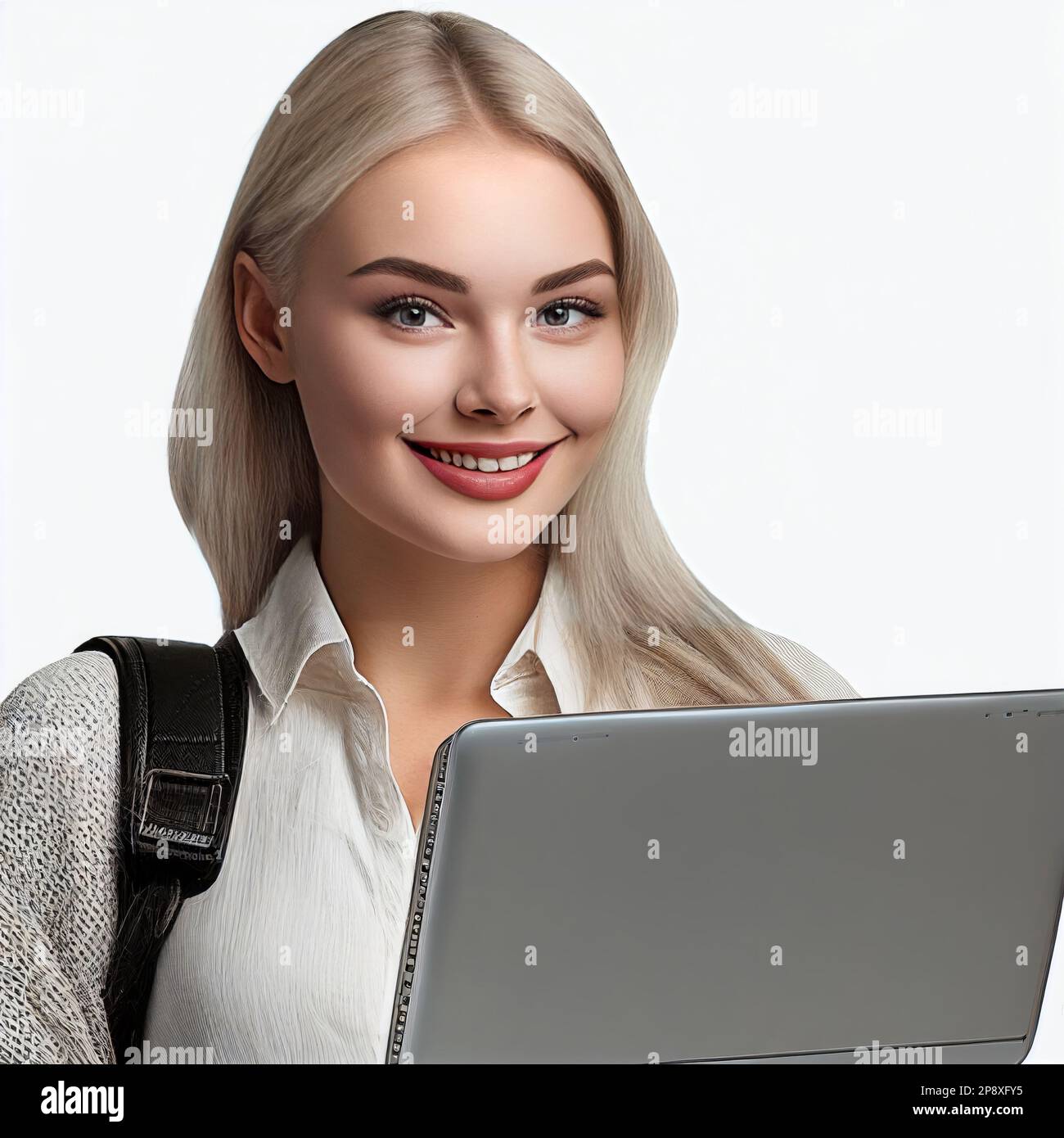 Portrait of young office woman, entrepreneur answer clients on laptop ...