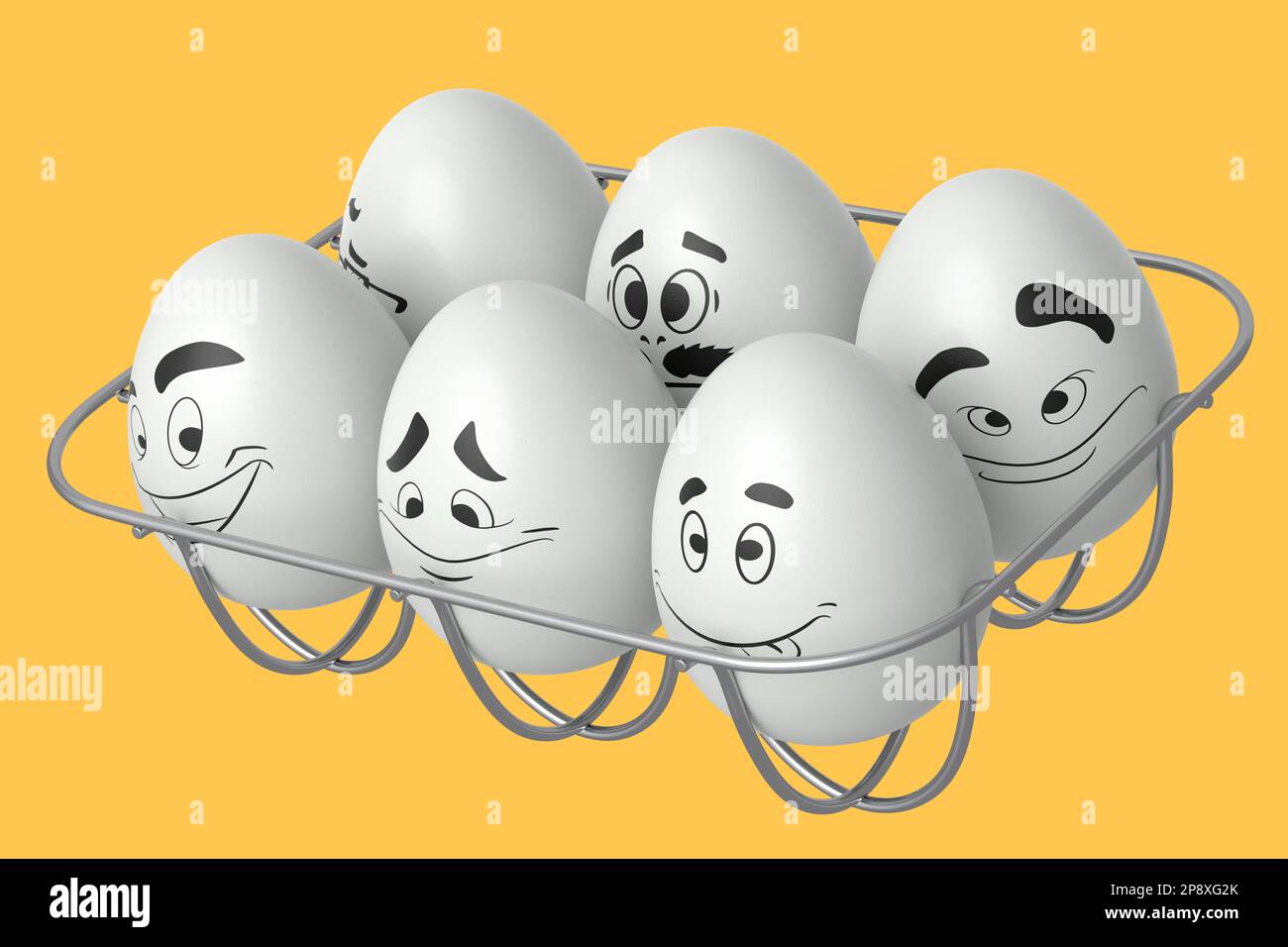 Farm white painted egg with expressions and funny face in metal wire ...