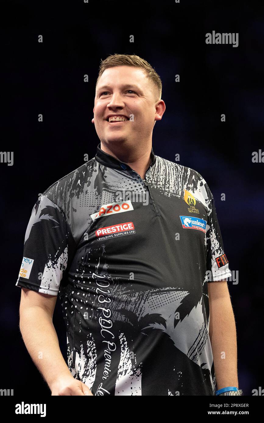 Chris Dobey reacts during the 2023 Cazoo PDC Premier League Darts Night 6  at M&S Bank Arena, Liverpool, United Kingdom. 9th Mar, 2023. (Photo by Phil  Bryan/News Images) in Liverpool, United Kingdom