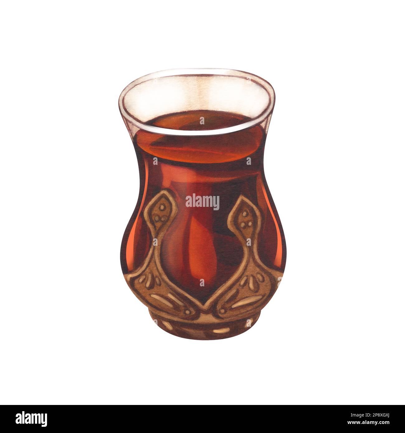 Watercolor golden arabian tea cup. Hand-drawn illustration isolated on ...