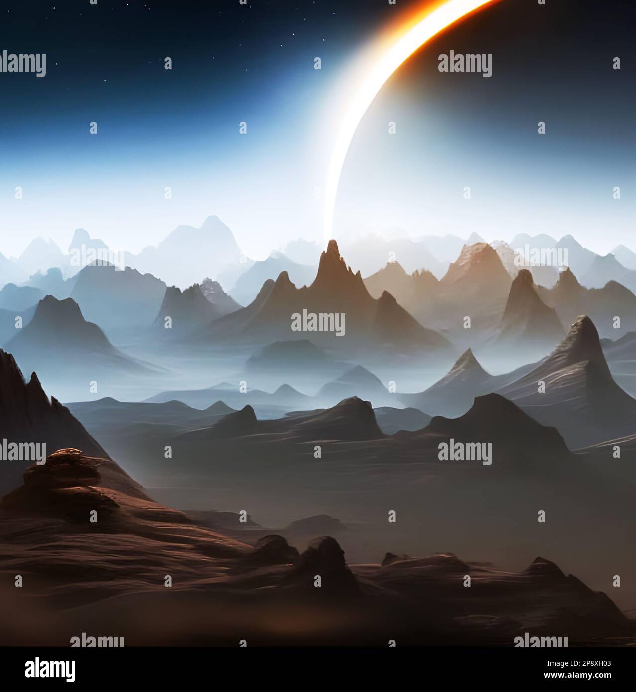 Extraterrestrial landscape depiction. Edited AI generated image Stock Photo