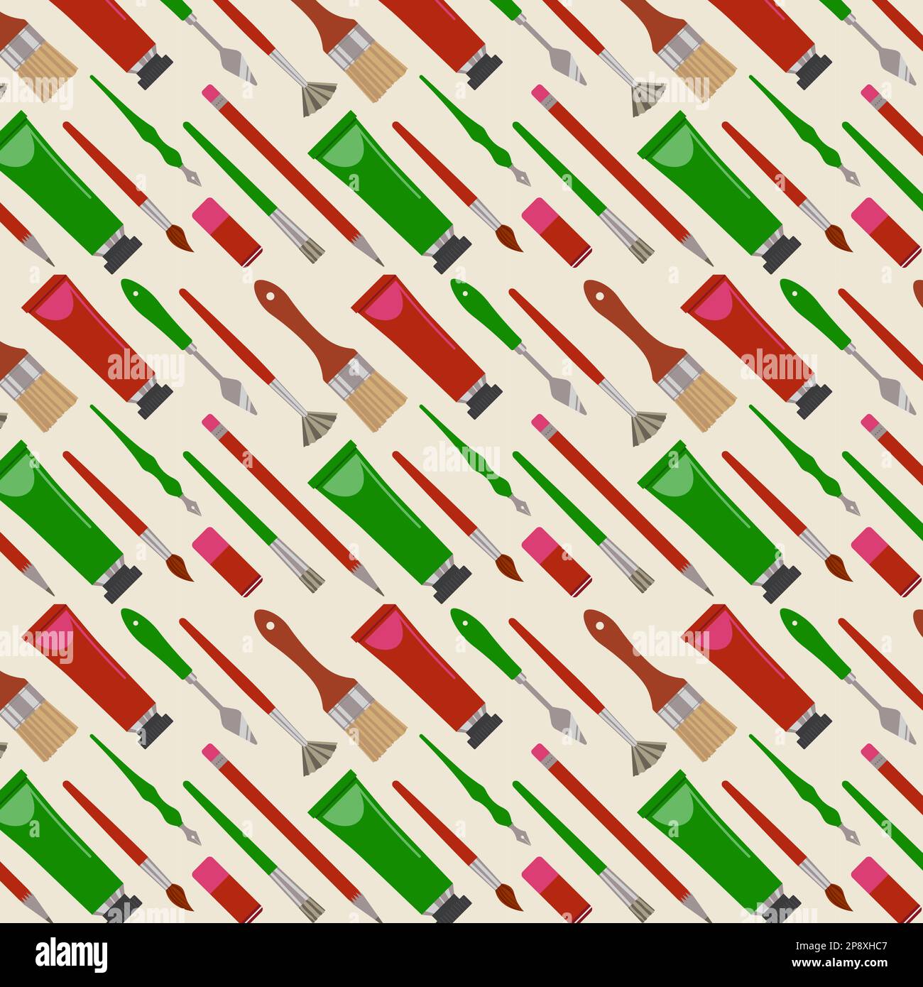 Diagonal Pattern With Artistic Tools. Decoration, Package, Background Flat Style Vector Illustration Stock Vector
