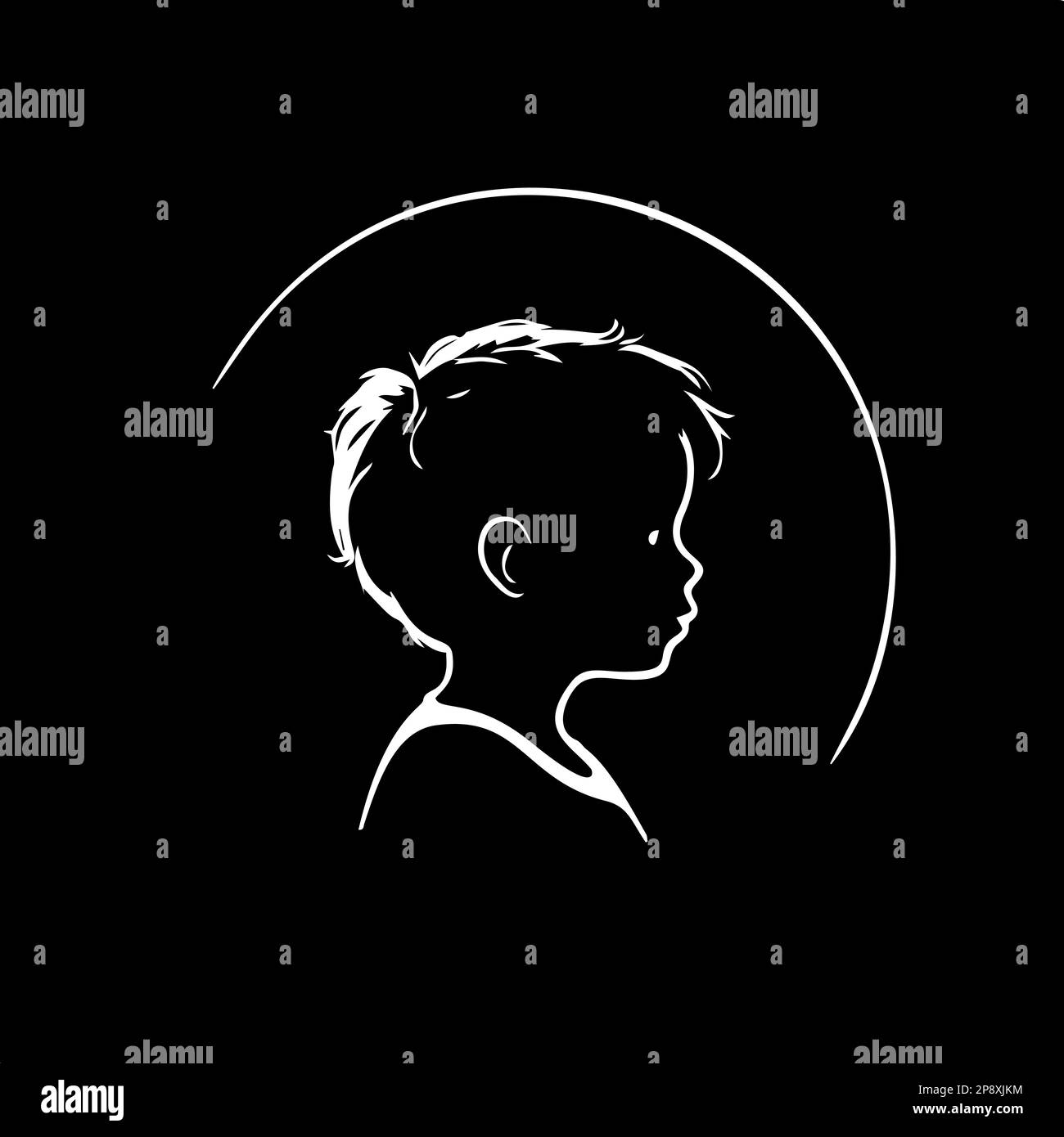 Minimalistic logo template, white icon of boy silhouette on black background, modern logotype concept for business identity, t-shirts print Stock Vector