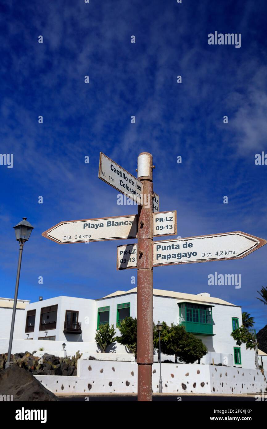 Signpost for Playa Blanca, Castillo de las Coloradas, and Papagayo beachLanzarote. Taken February / March 2023. cym Stock Photo