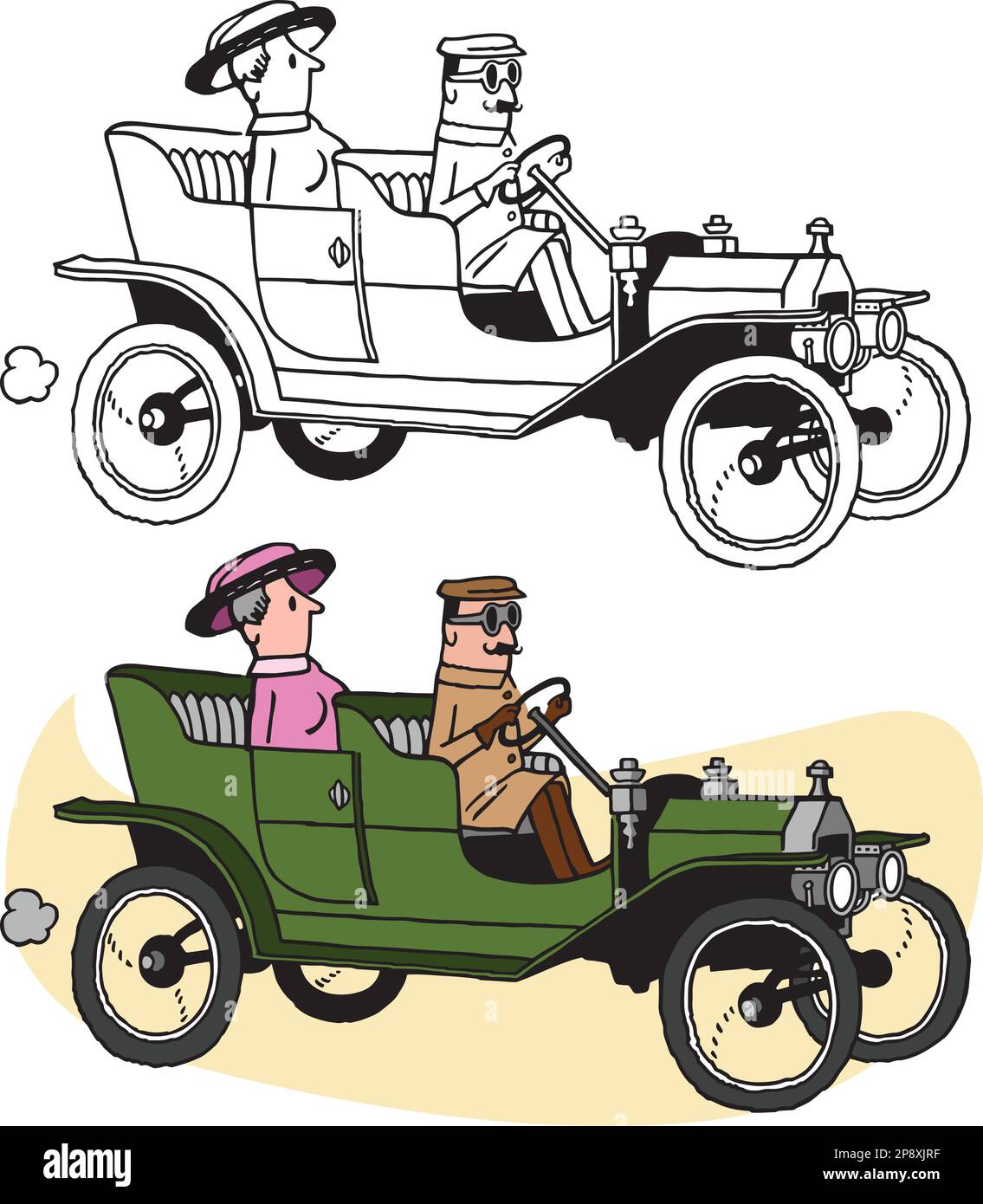 A vintage retro cartoon of a man driving a woman in an antique roadster automobile. Stock Vector