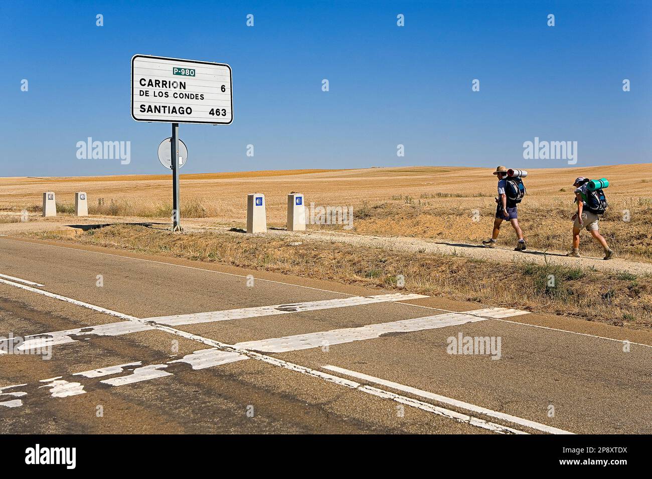 Signposting and pilgrims near Villalcázar de Sirga.Palencia province.Spain. Camino de Santiago Stock Photo