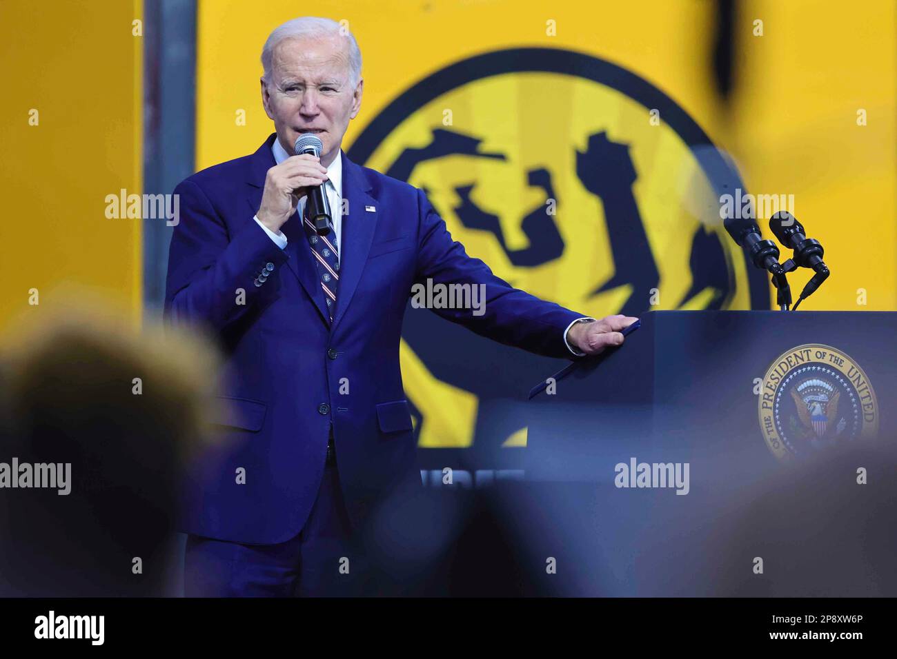 United States President Joe Biden makes remarks as he discusses his Budget for Fiscal Year 2024 at the Finishing Trades Institute, Philadelphia, Pennsylvania on Thursday, March 9, 2023. In his remarks the President touched on his plans to invest in America, continue to lower costs for families, protect and strengthen Social Security and Medicare, and reduce the budget deficit. Credit: Saquan Stimpson/CNP Stock Photo