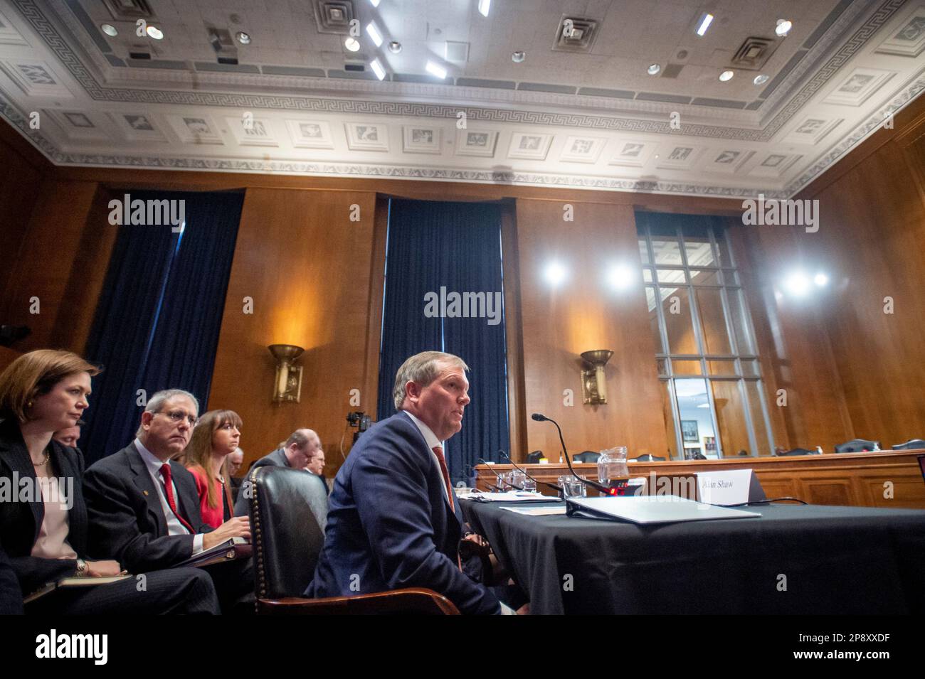 Washington, United States Of America. 09th Mar, 2023. Alan Shaw, President and CEO, Norfolk Southern Corporation, appears before a Senate Committee on Environment and Public Works hearing to examine protecting public health and the environment in the wake of the Norfolk Southern train derailment and chemical release in East Palestine, Ohio, in the Dirksen Senate Office Building in Washington, DC, Thursday, March 9, 2023. Credit: Rod Lamkey/CNP/Sipa USA Credit: Sipa USA/Alamy Live News Stock Photo