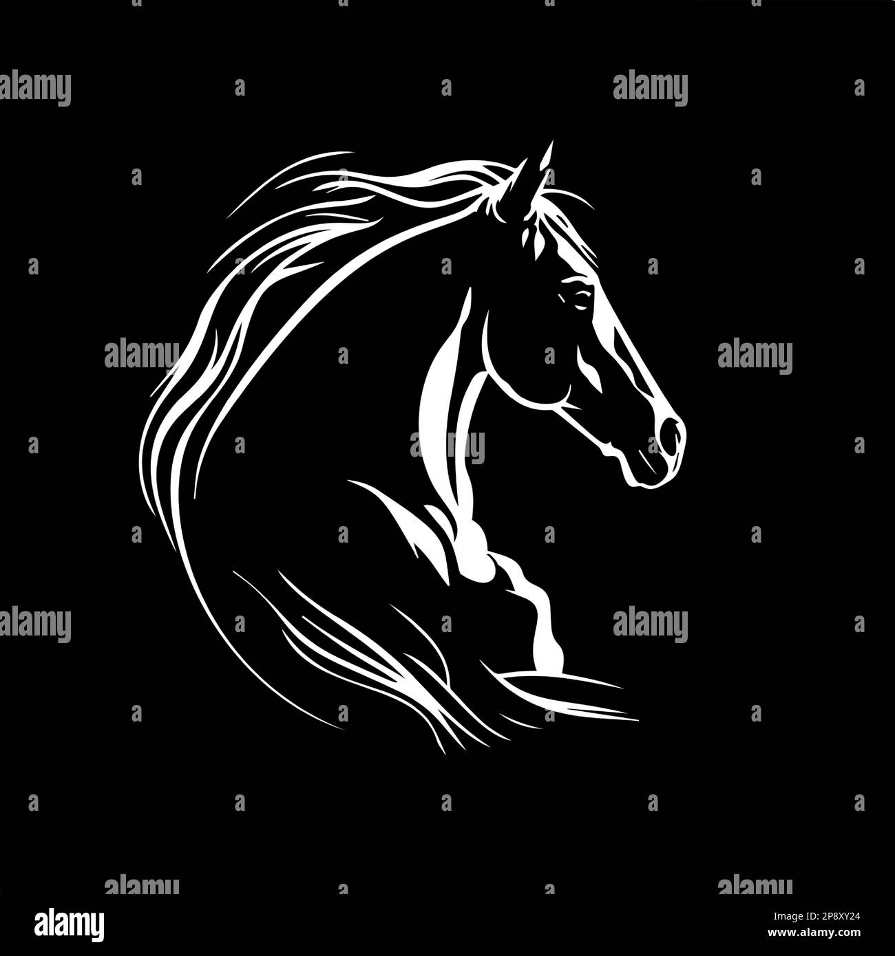 Minimalistic logo template, white icon of horse silhouette on black background, modern logotype concept for business identity, t-shirts print, tattoo Stock Vector