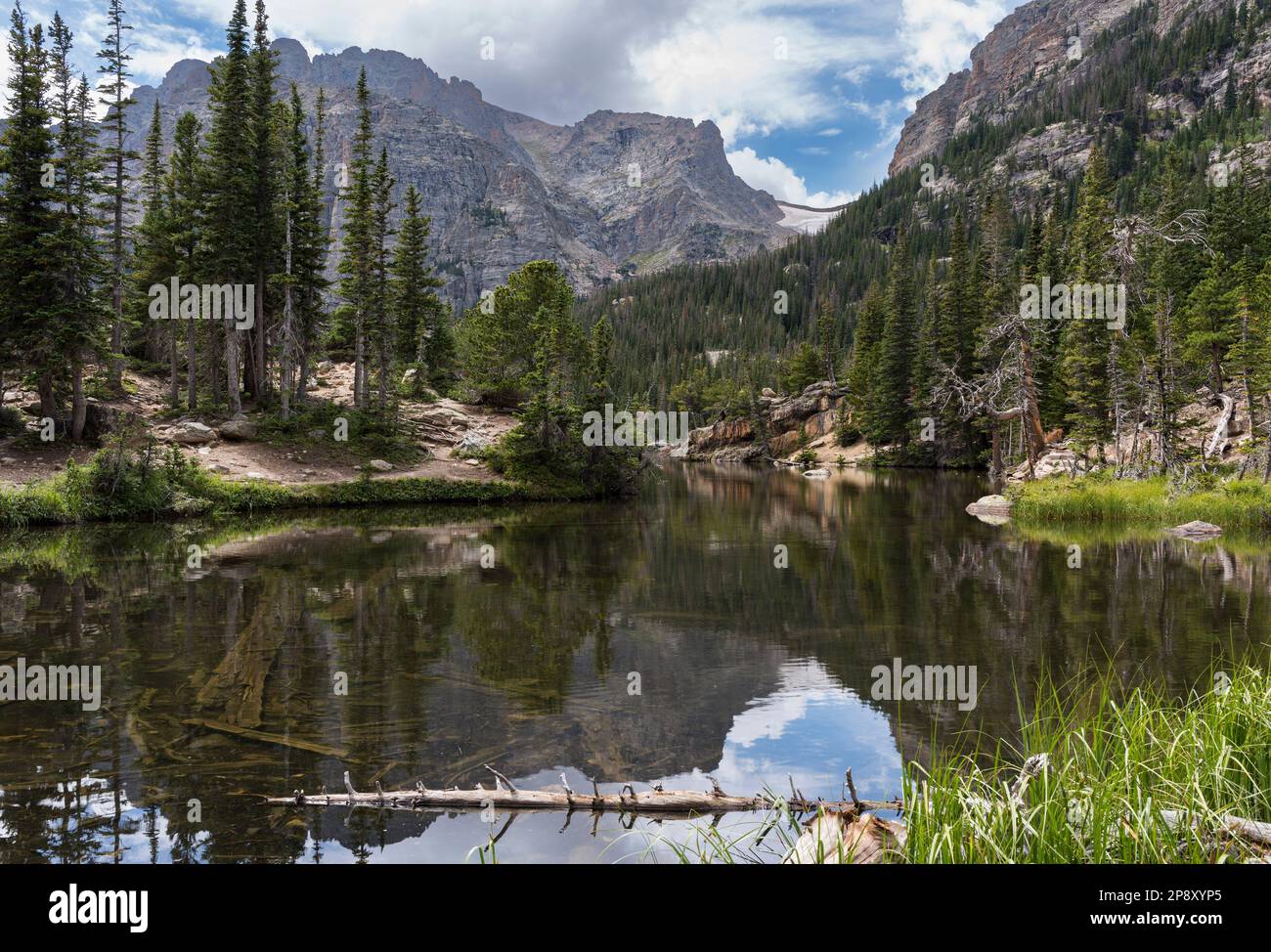Reflections of mountains that define the Continental Divide, rise above