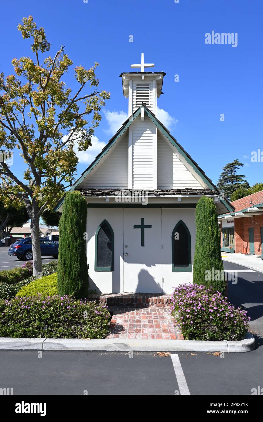 TUSTIN, CALIFORNIA - 7 MAR 2023: Little Tree Church (aka Tiny Church) is an eight seat chapel in the parking lot of Jamestown Village on El Camino Rea Stock Photo