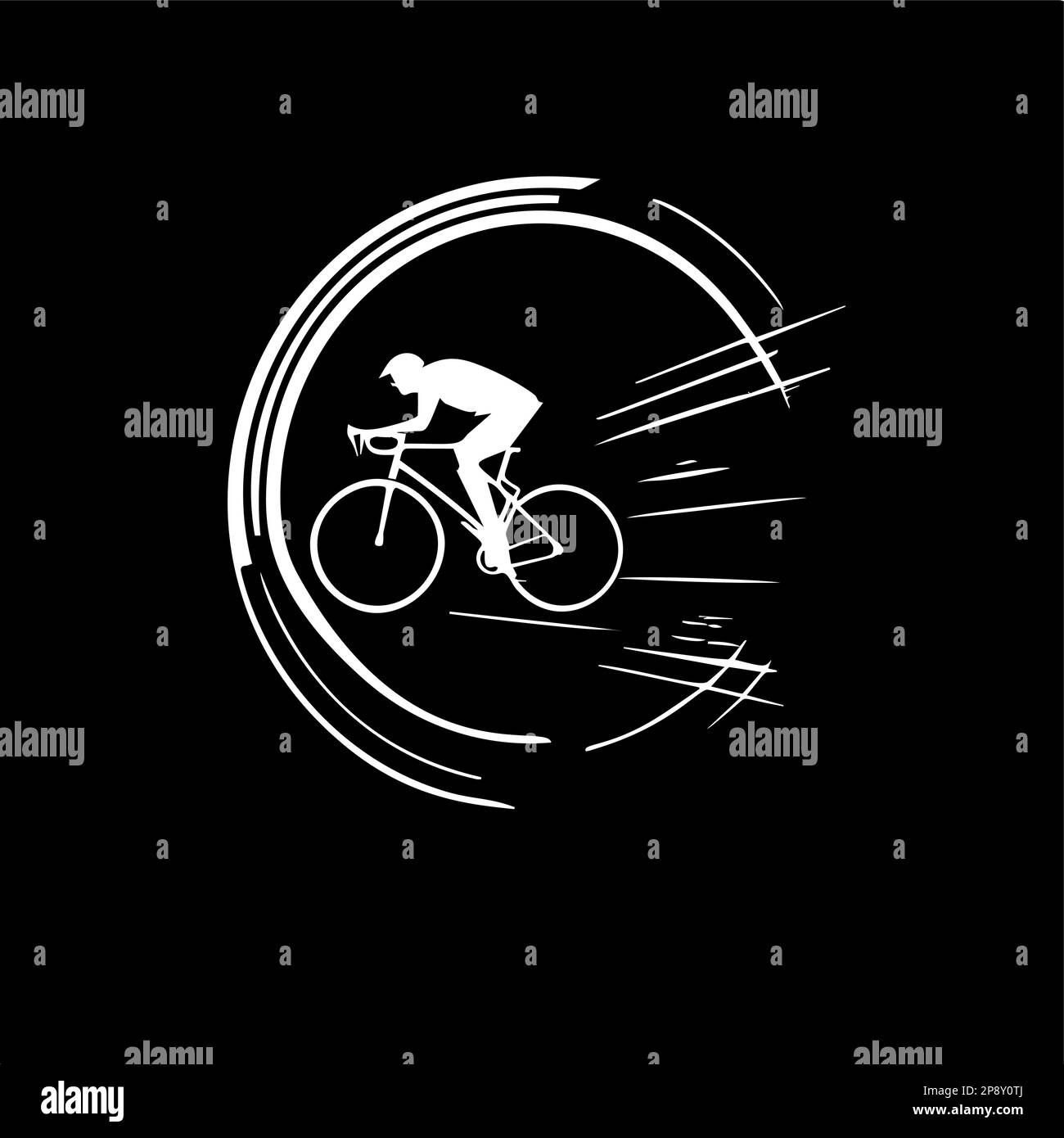 Minimalistic round logo template, white icon of cyclist silhouette on black background, modern logotype concept for business identity, t-shirts print Stock Vector