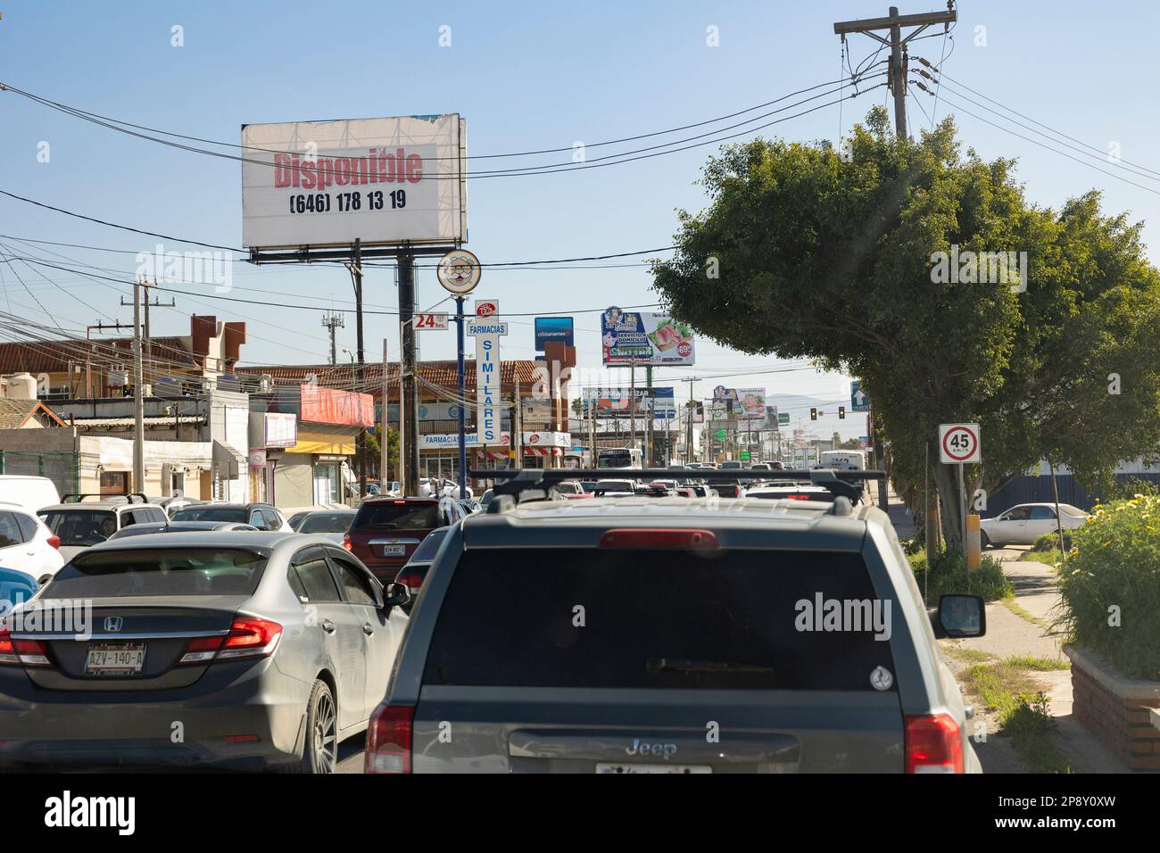 Ensenada, Baja California, Mexico - Driving south in heavy traffic along Reforma Avenue near Diez Street Stock Photo