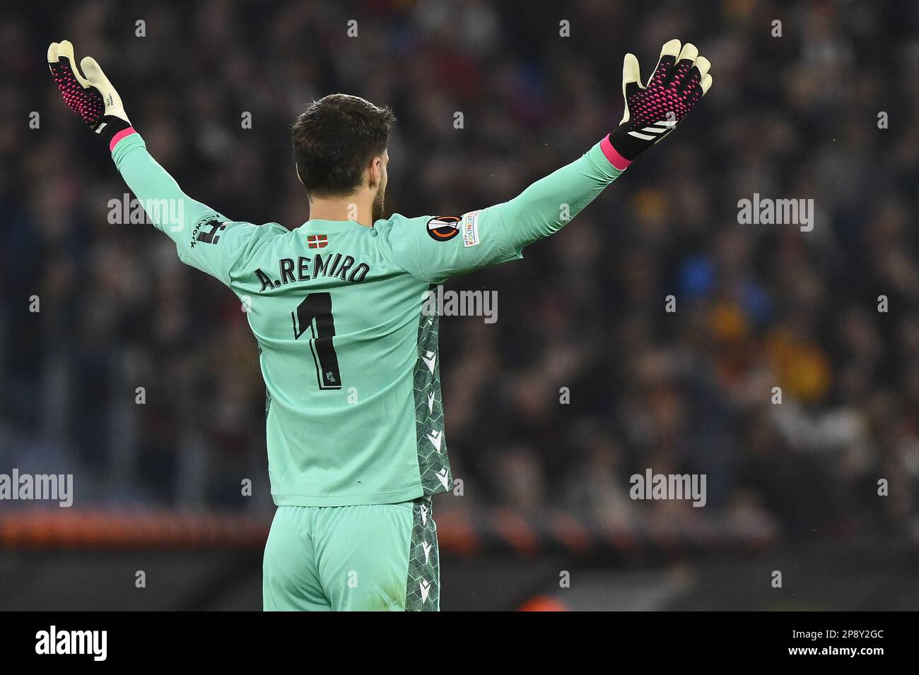 Rome, Italy. 09th Mar, 2023. Alejandro Remiro of Real Sociedad de Futbol during the first leg of the round of 16 of the UEFA Europa League between A.S. Roma and Real Sociedad de Futbol on March 9, 2023 at the Stadio Olimpico in Rome. Credit: Independent Photo Agency/Alamy Live News Stock Photo
