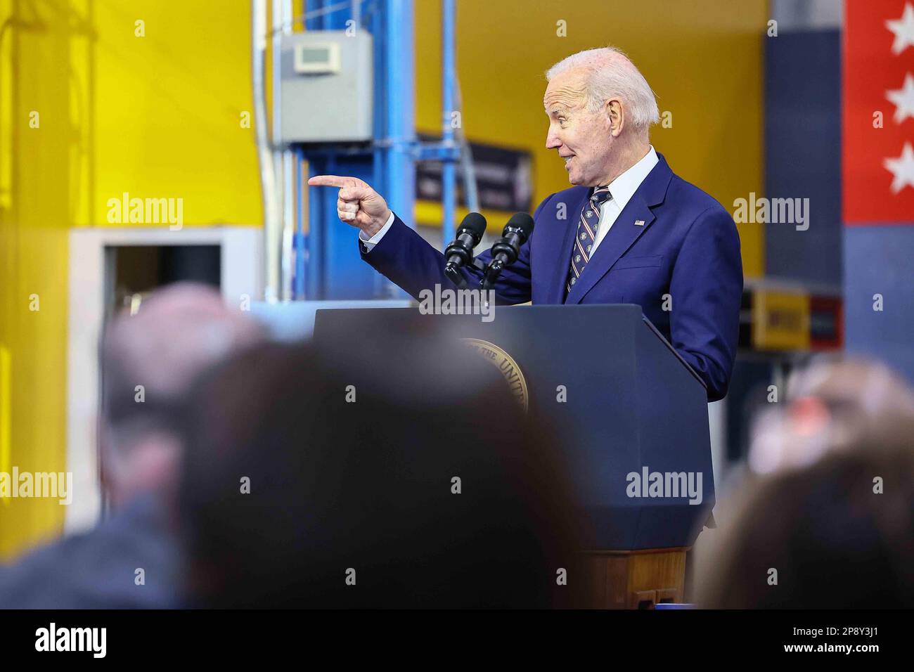 United States President Joe Biden makes remarks as he discusses his Budget for Fiscal Year 2024 at the Finishing Trades Institute, Philadelphia, Pennsylvania on Thursday, March 9, 2023. In his remarks the President touched on his plans to invest in America, continue to lower costs for families, protect and strengthen Social Security and Medicare, and reduce the budget deficit. Credit: Saquan Stimpson/CNP /MediaPunch Stock Photo