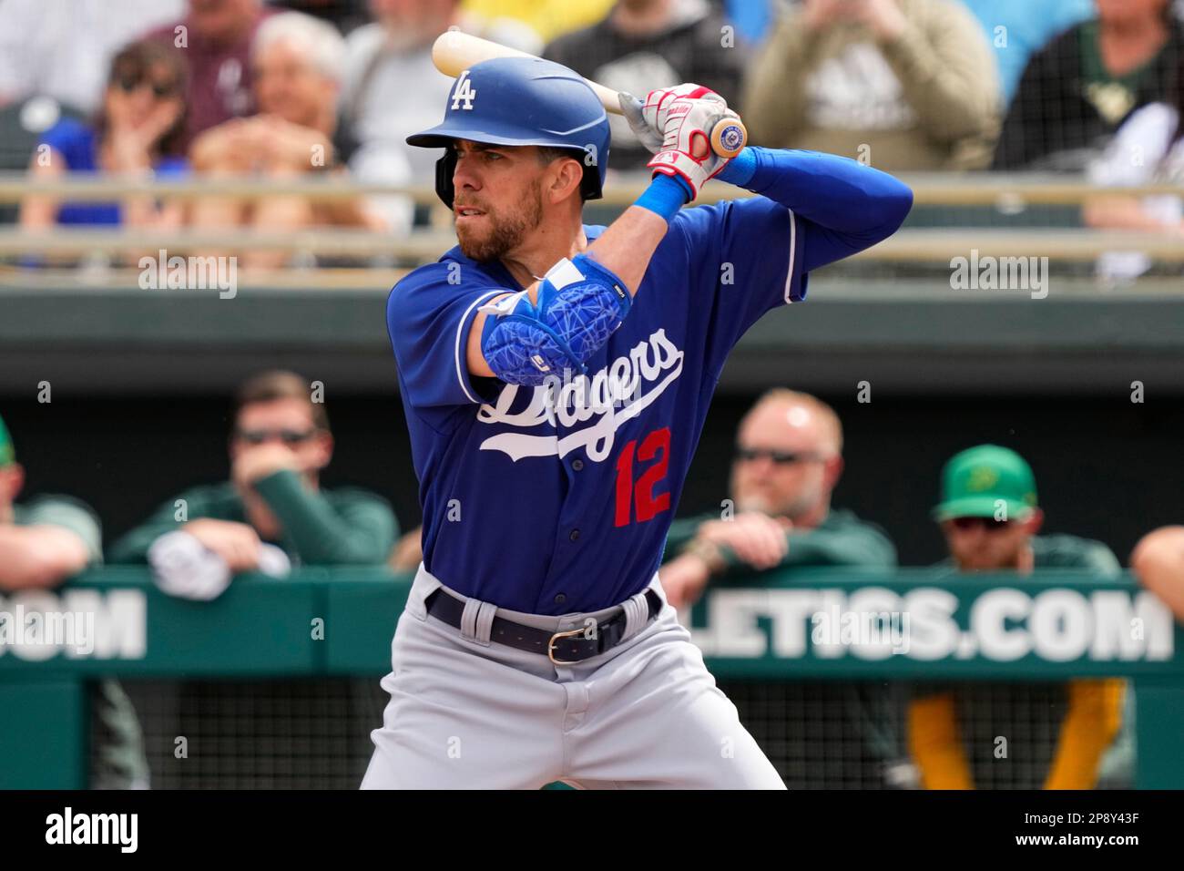 Los Angeles Dodgers' Bradley Zimmer hits during the second inning of a