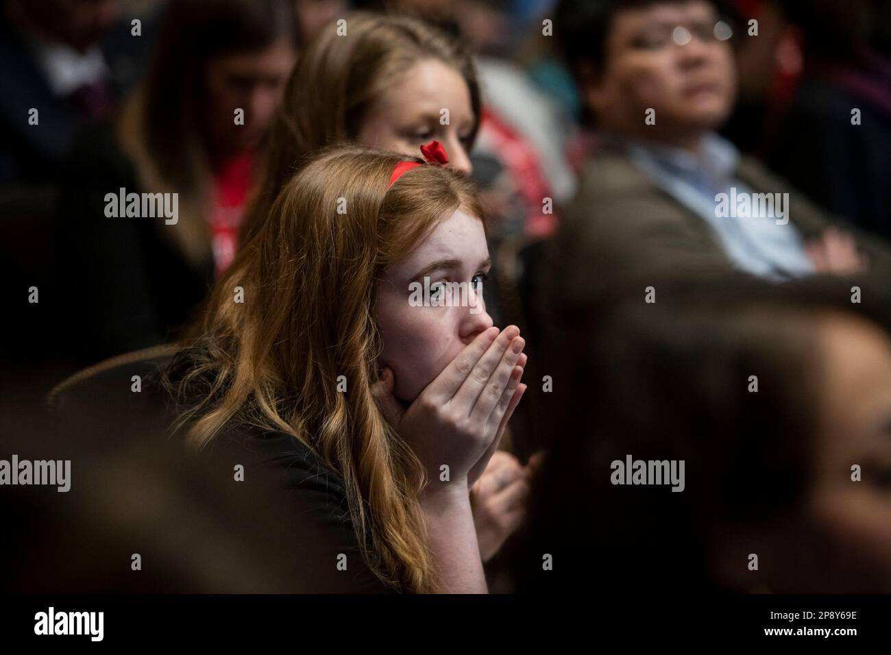 Mia Lynch, 17, of Pittsburgh sits in the audience during a Senate Committee on Environment and Public Works hearing to examine protecting public health and the environment in the wake of the Norfolk Southern train derailment and chemical release in East Palestine, Ohio, in the Dirksen Senate Office Building in Washington, DC, Thursday, March 9, 2023. Credit: Rod Lamkey/CNP /MediaPunch Stock Photo