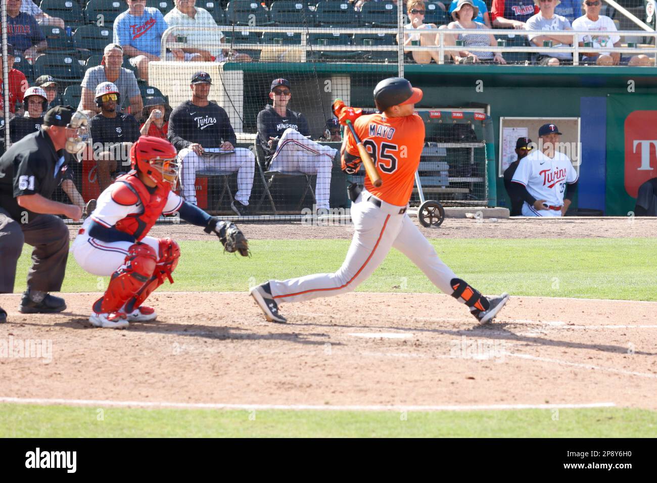 FORT MEYERS, FL - MARCH 07: Baltimore Orioles Coby Mayo bats against the  Minnesota Twins on March 7, 2023, at Hammond Stadium in Fort Meyers,  Florida. (Photo by Brian Spurlock/Icon Sportswire) (Icon