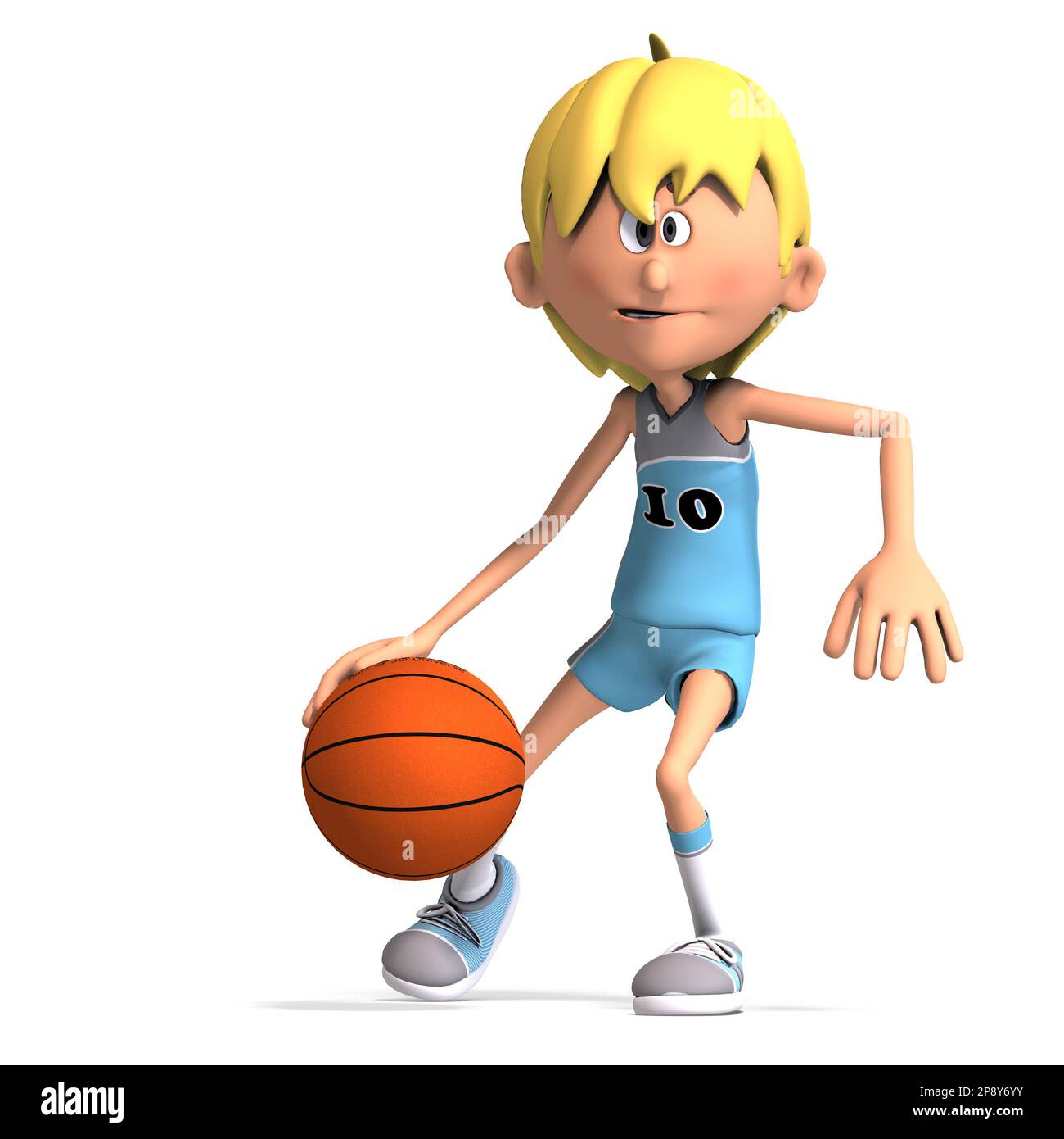 3D-illustration of a cute and funny cartoon basketball player dribbling and throwing a ball Stock Photo