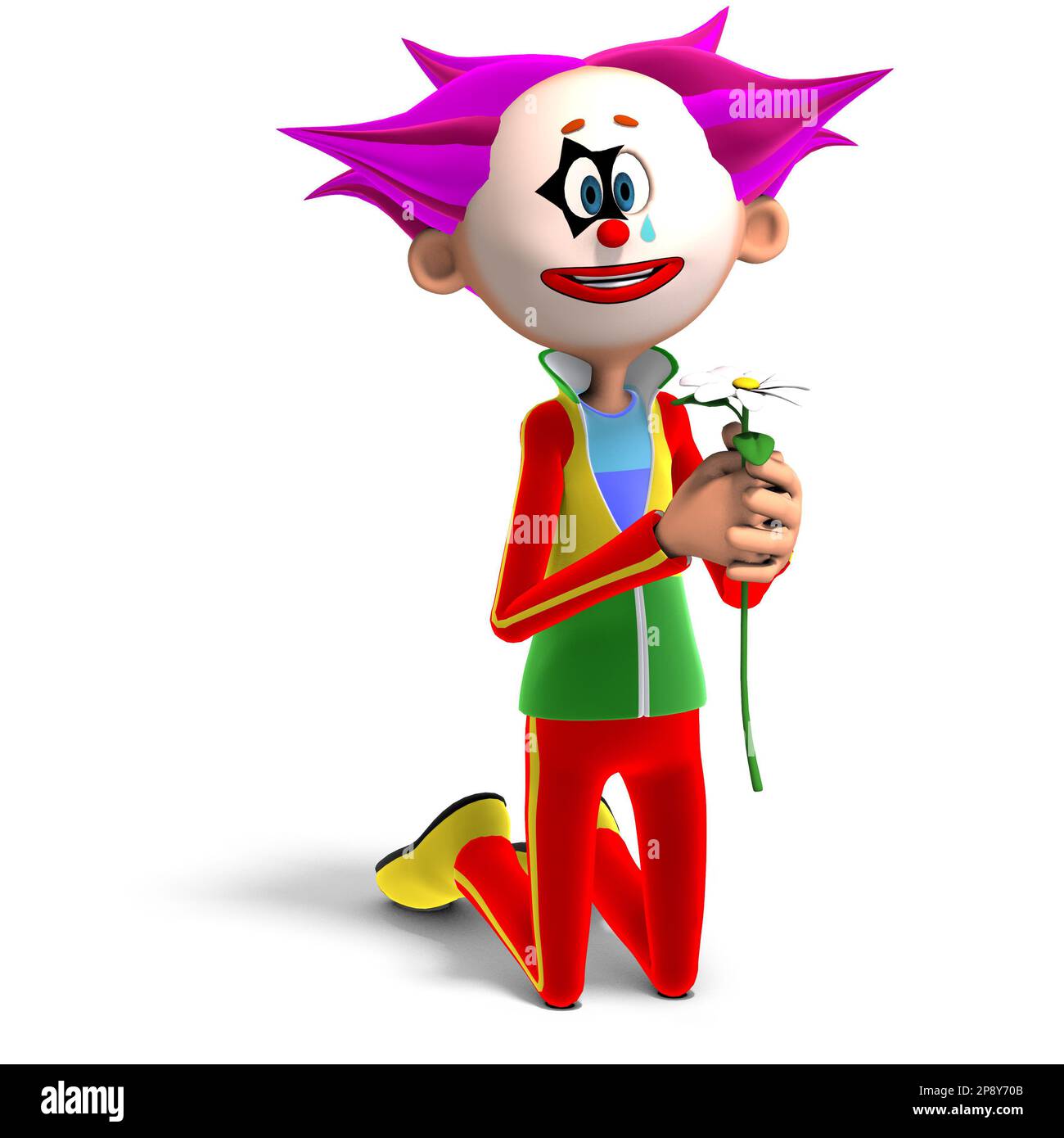 3D-illustration of a cute and funny cartoon clown asks for the hand of his loved ones Stock Photo