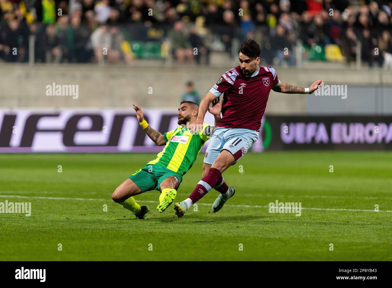 Aek Larnaca  faces West Ham United for a Uefa Europa Conference League Round 16-1st Leg game at Aek Arena stadium in Larnaca-Cyprus on 09 March 2023. Stock Photo