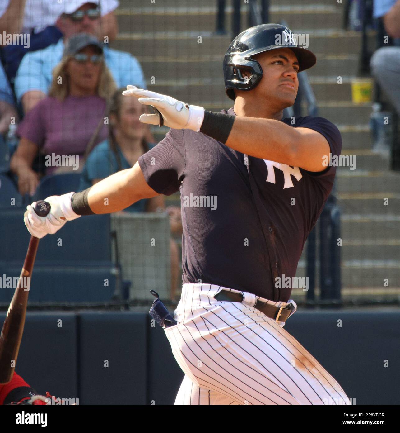 Tampa, United States. 09th Mar, 2023. Yankees' Jasson Dominguez watches his home run against Boston in the Yankees loss to the Red Sox 11-7 at Steinbrenner Field in Tampa, Fl, on March 9, 2023. Photo by Mark Abraham/UPI Credit: UPI/Alamy Live News Stock Photo