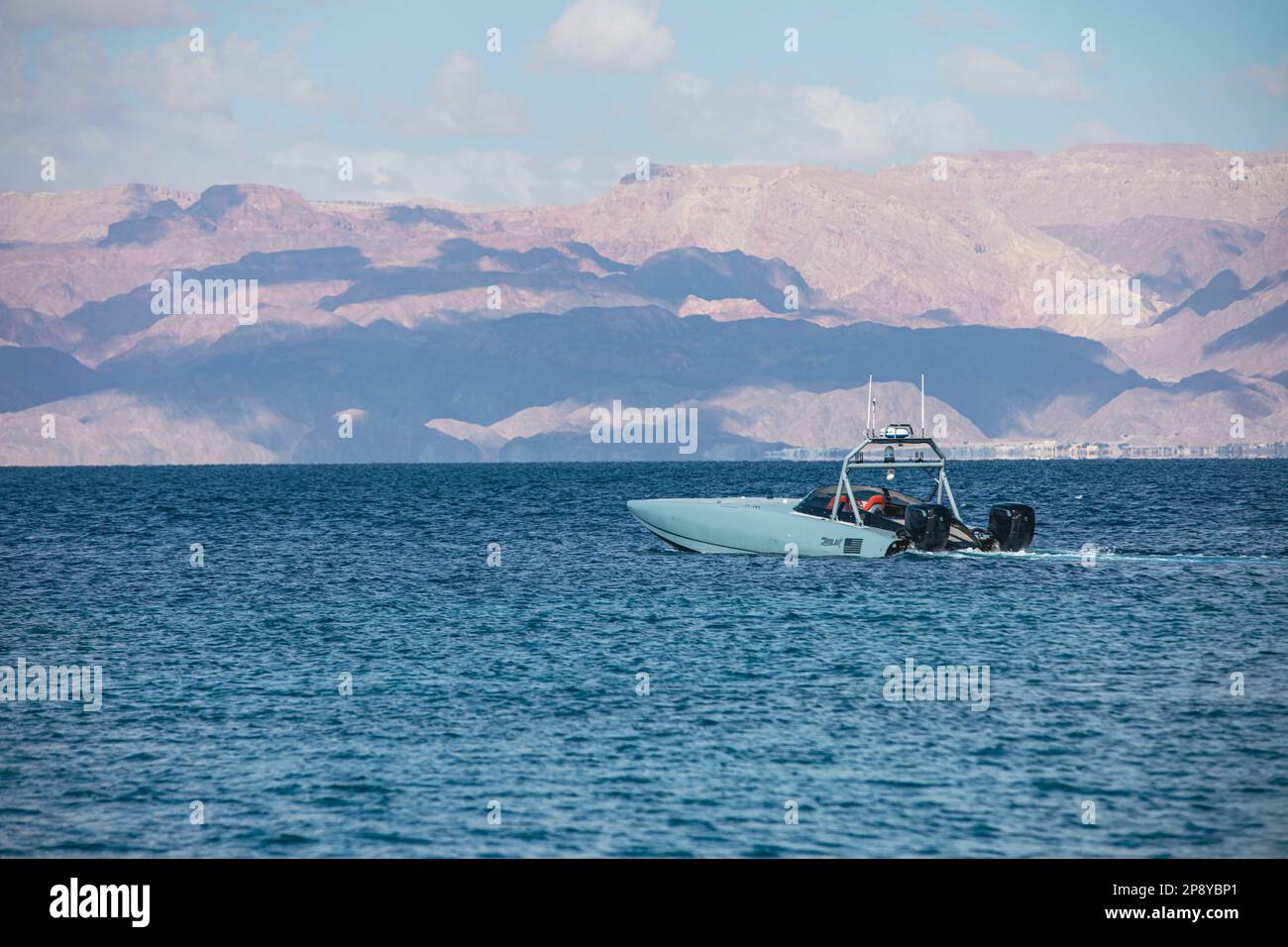 230308-A-NR779-2002 GULF OF AQABA (March 8, 2023) A MARTAC T-38 Devil Ray unmanned surface vessel operates in the Gulf of Aqaba, Mar. 8, 2023, during International Maritime Exercise 2023. IMX/CE 2023 is the largest multinational training event in the Middle East, involving 7,000 personnel from more than 50 nations and international organizations committed to preserving the rules-based international order and strengthening regional maritime security cooperation. (U.S. Army photo by Spc. Aaron Troutman) Stock Photo