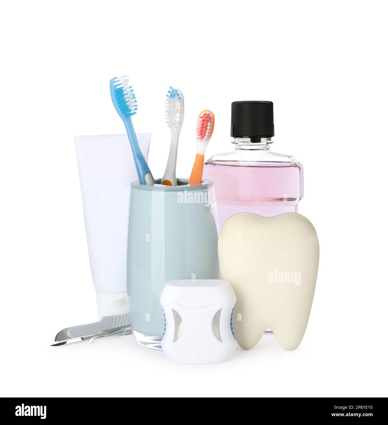 Tooth model, oral hygiene products and dentist tools on white