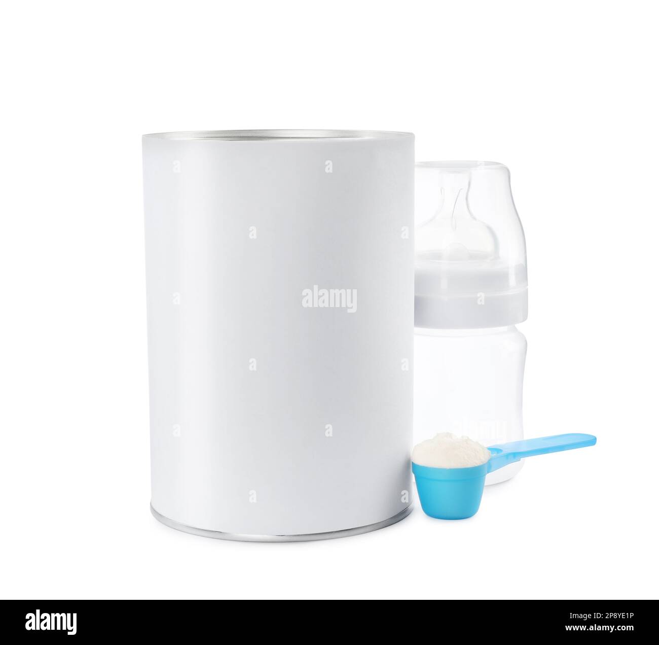 Blank can of powdered infant formula with feeding bottle and scoop