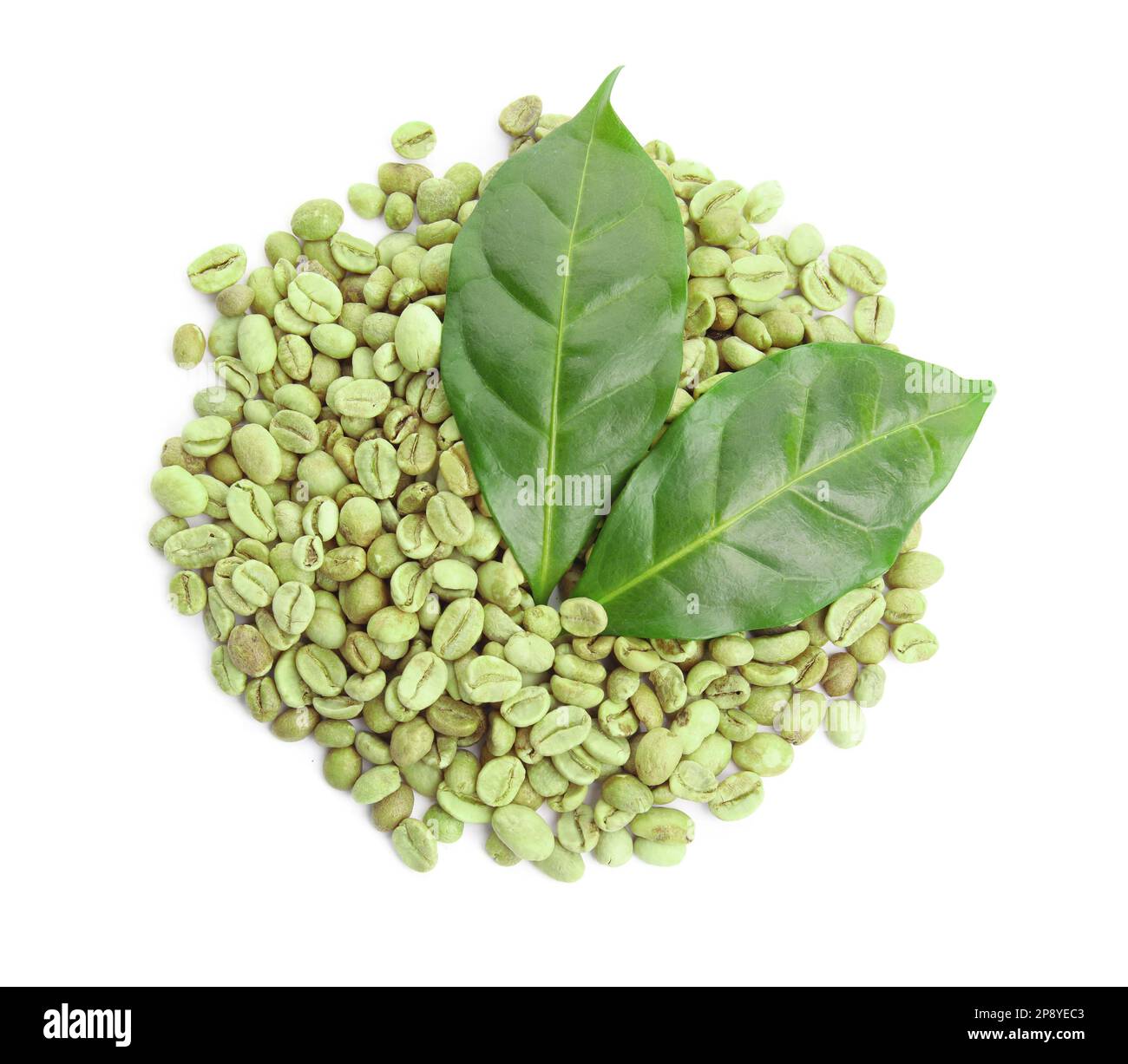 Green coffee beans and fresh leaves on white background, top view Stock ...