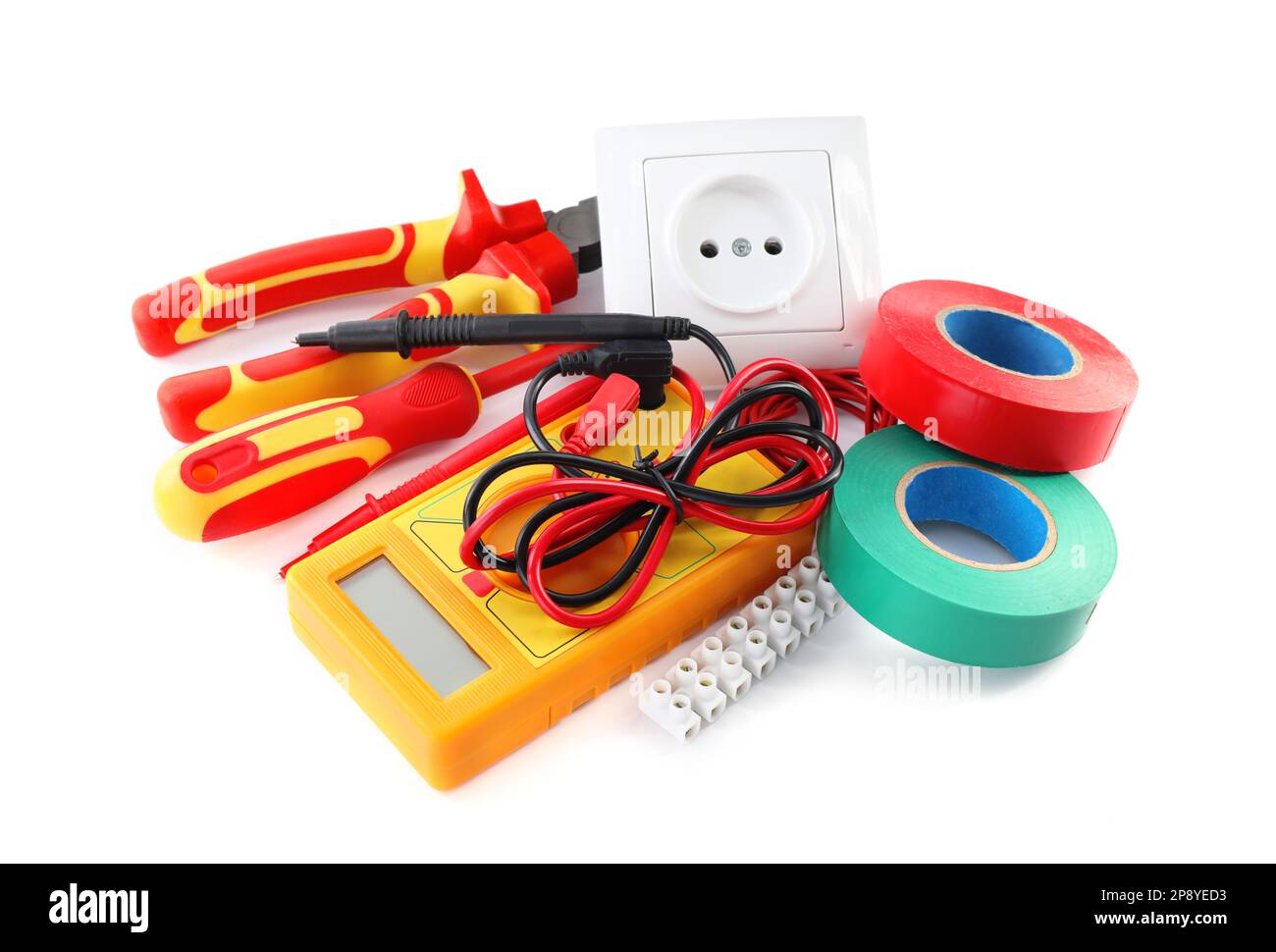 Set of electrician's tools and accessories on white background Stock ...