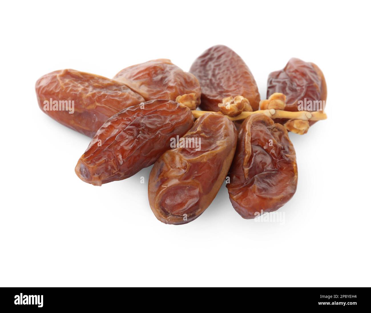 Sweet dates on branch against white background. Dried fruit as healthy