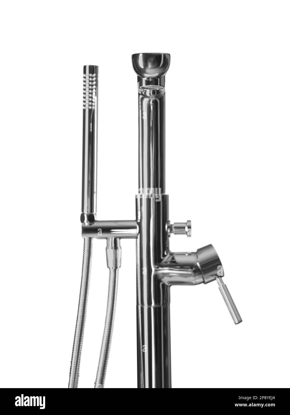 Modern bathtub water tap with hand shower on white background Stock