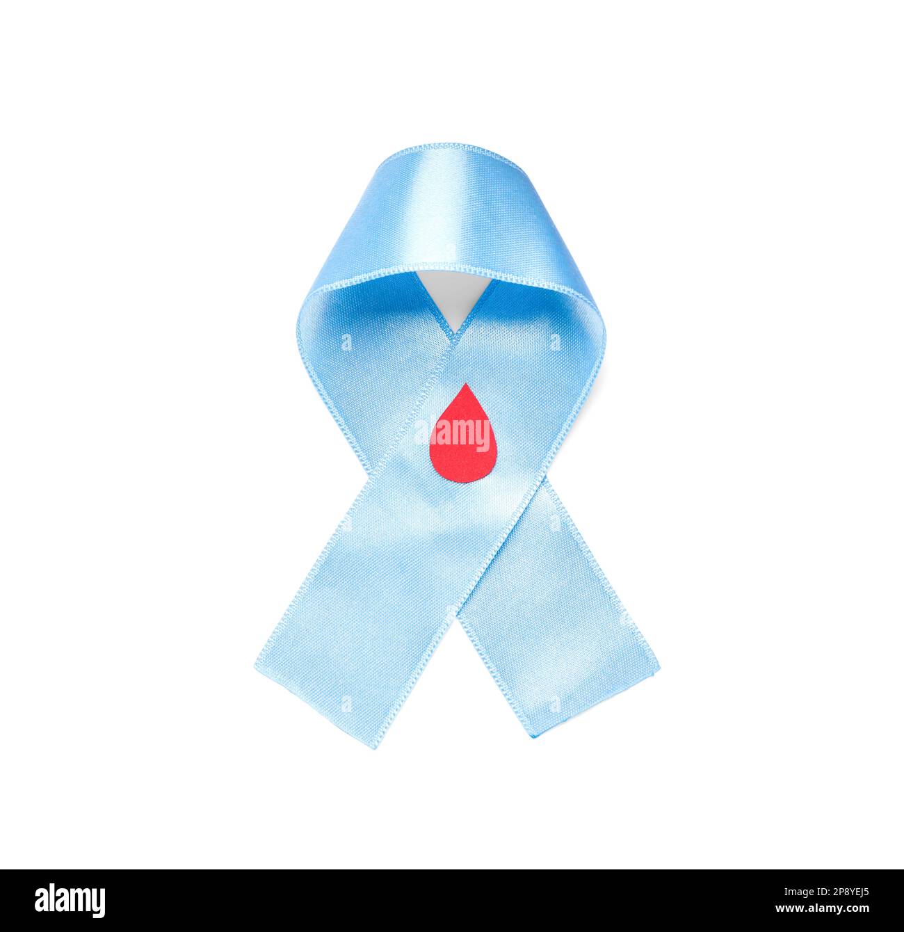 Light blue ribbon with paper blood drop on white background, top view