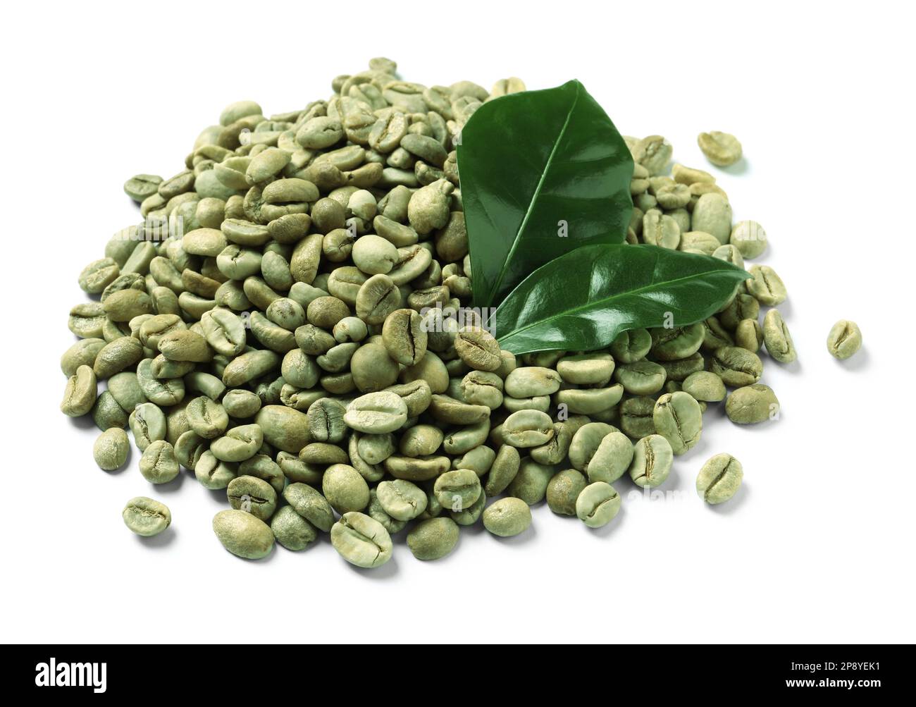 Pile of green coffee beans and leaves on white background Stock Photo ...