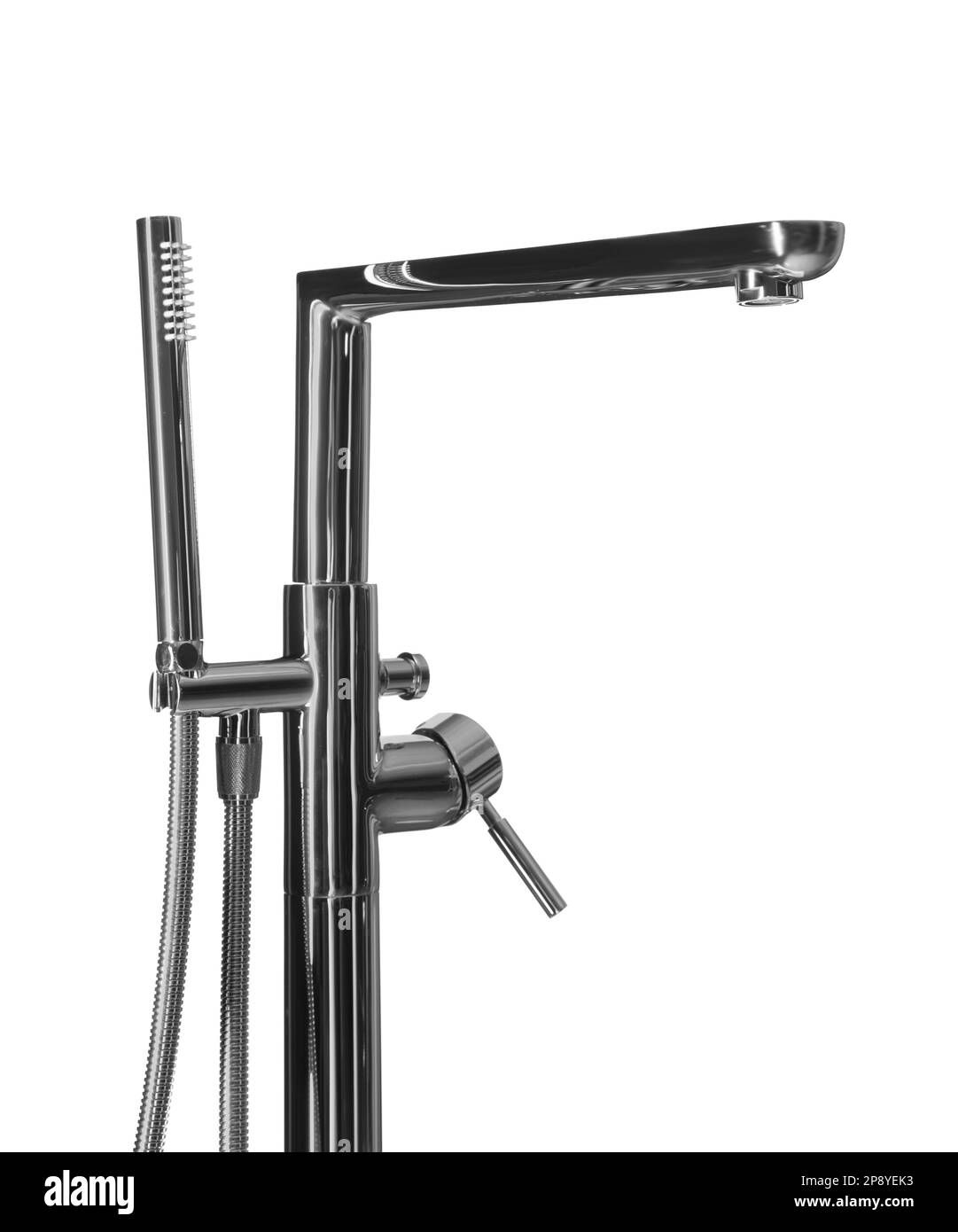 Modern bathtub water tap with hand shower on white background Stock