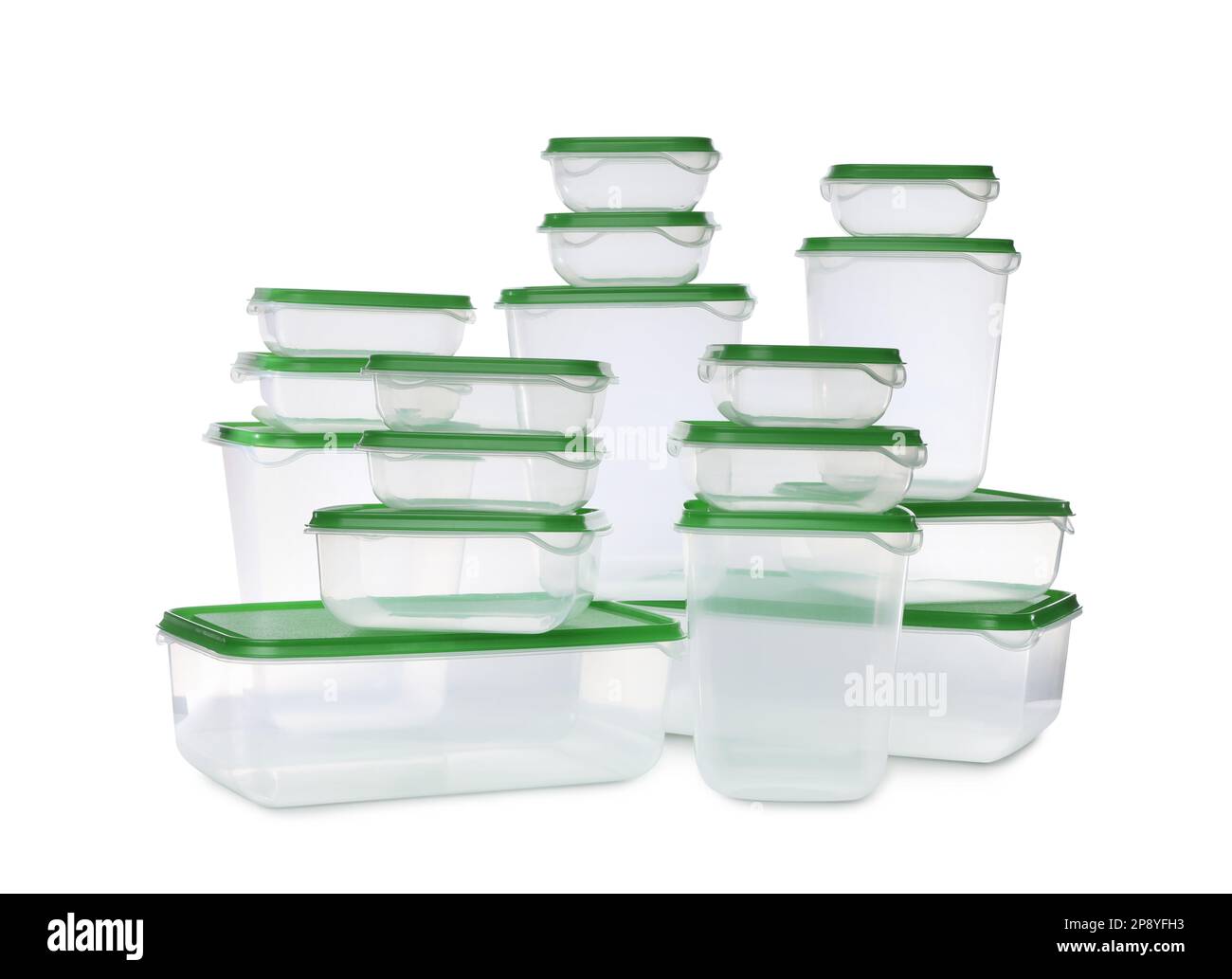 Set of empty plastic containers for food on white background Stock