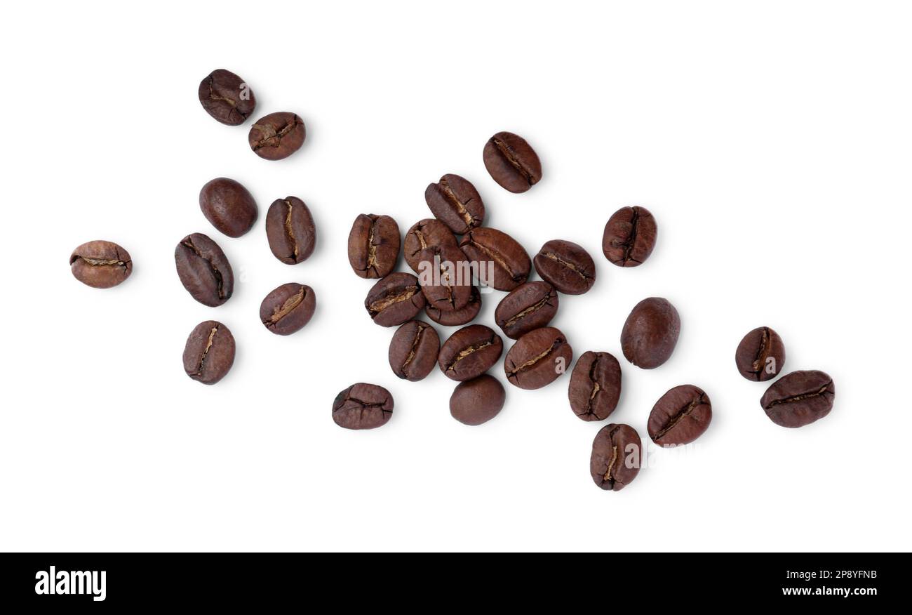 Roasted coffee beans on white background, top view Stock Photo - Alamy